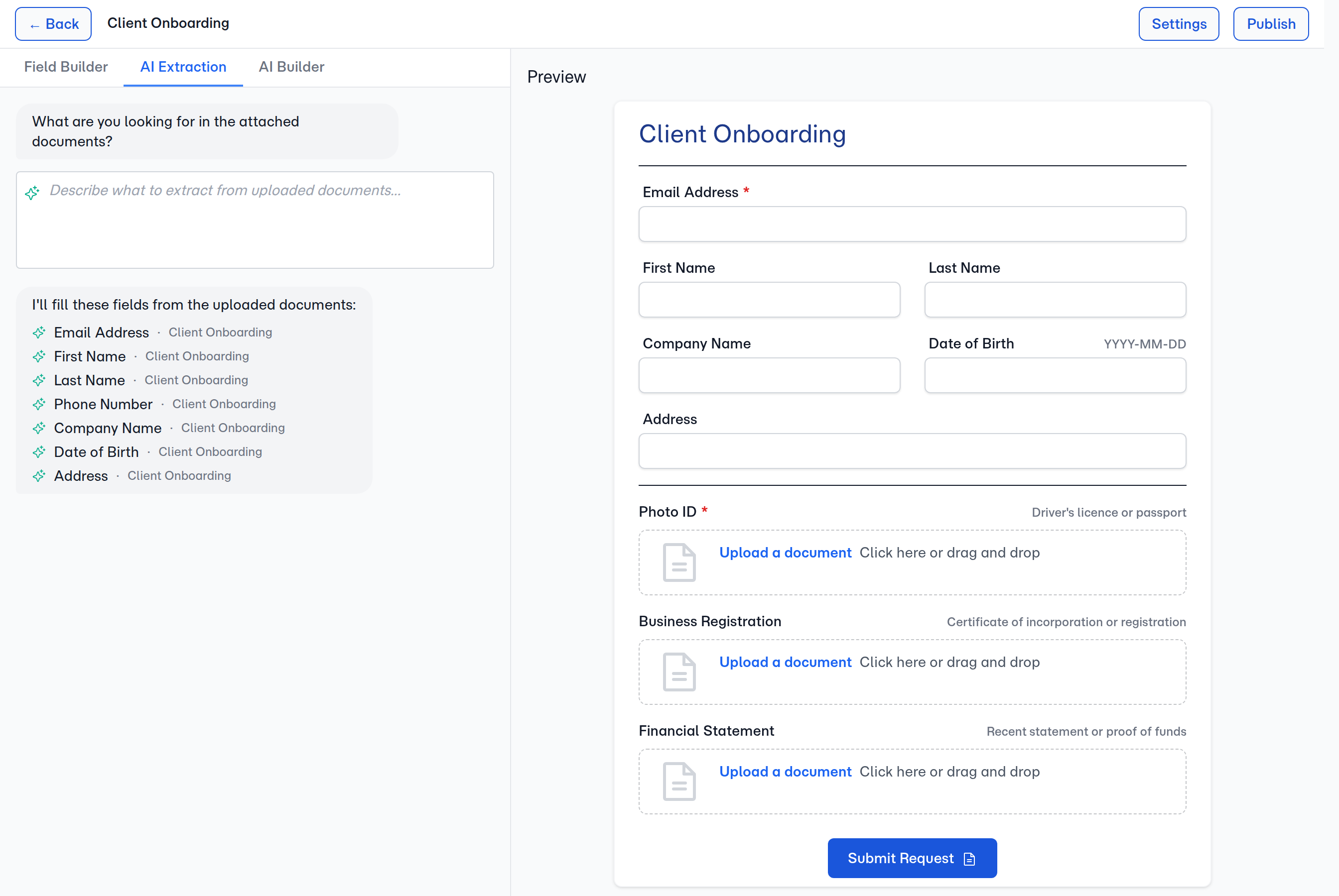The AI Extraction tab — write a prompt describing the documents, and FolioReady lists the fields it will fill from what clients upload.
