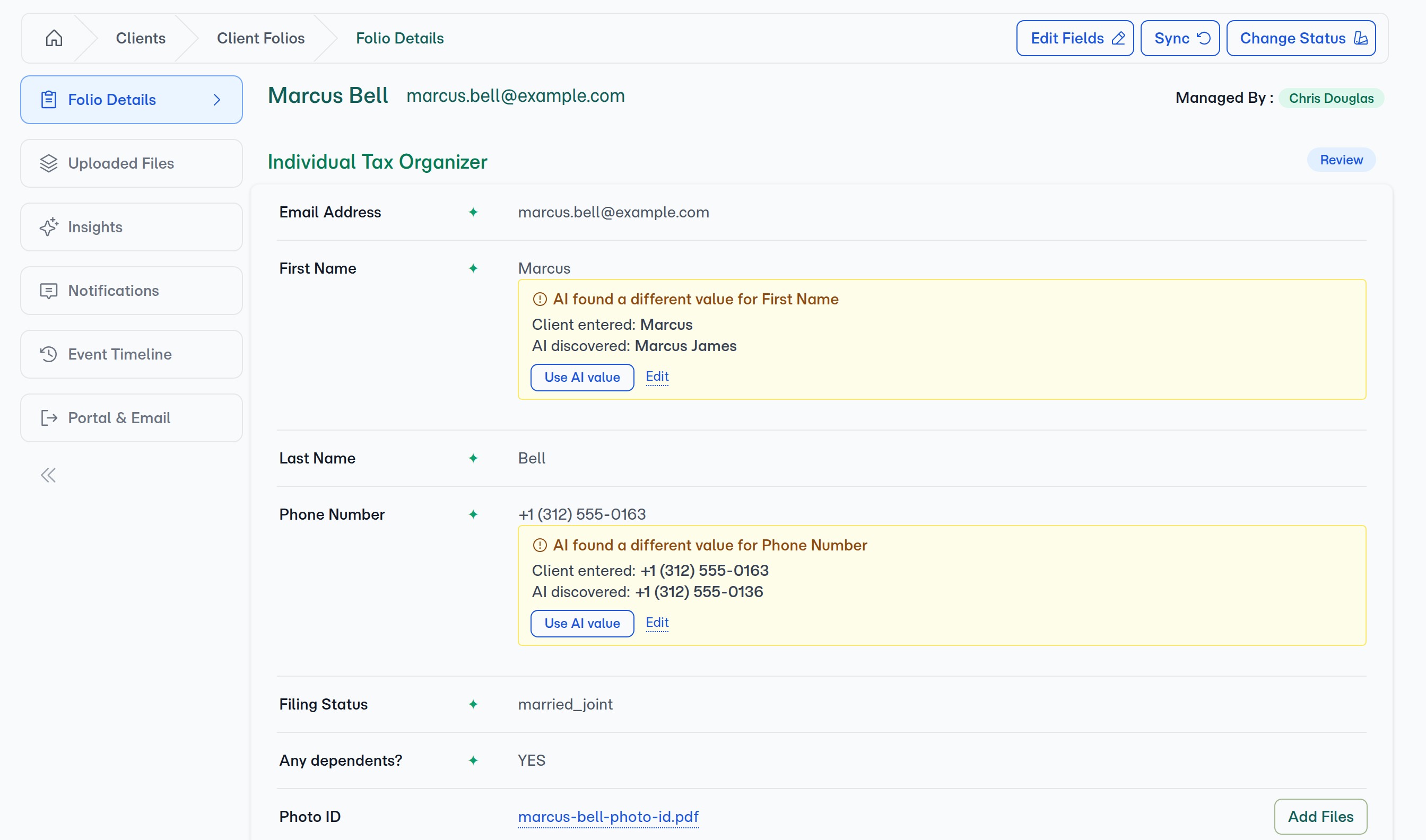 Folio detail — an AI field showing the client's answer alongside what the AI found in the source documents, with a one-click action to accept the AI value.