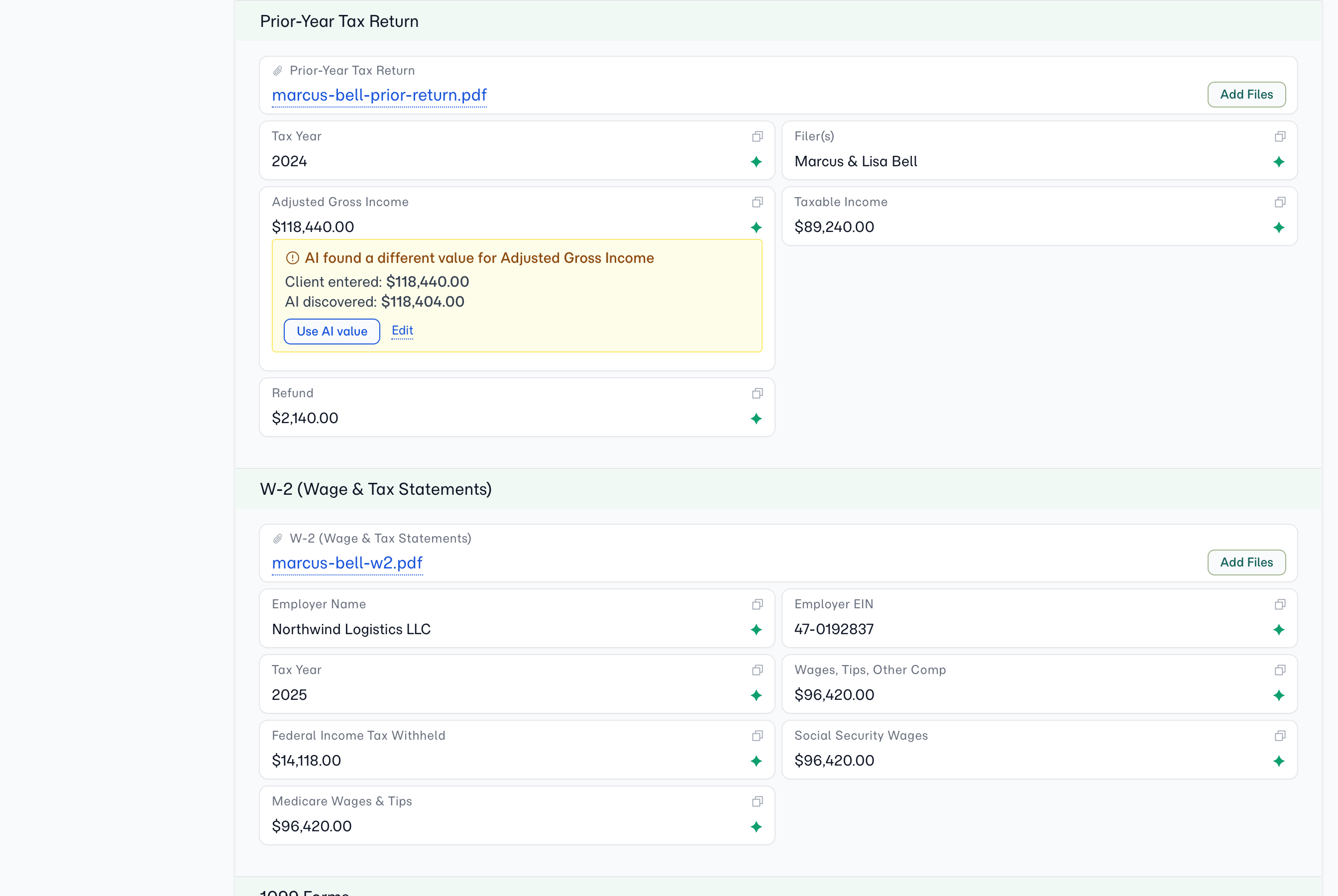 Folio detail — an AI field showing the client's answer alongside what the AI found in the source documents, with a one-click action to accept the AI value.
