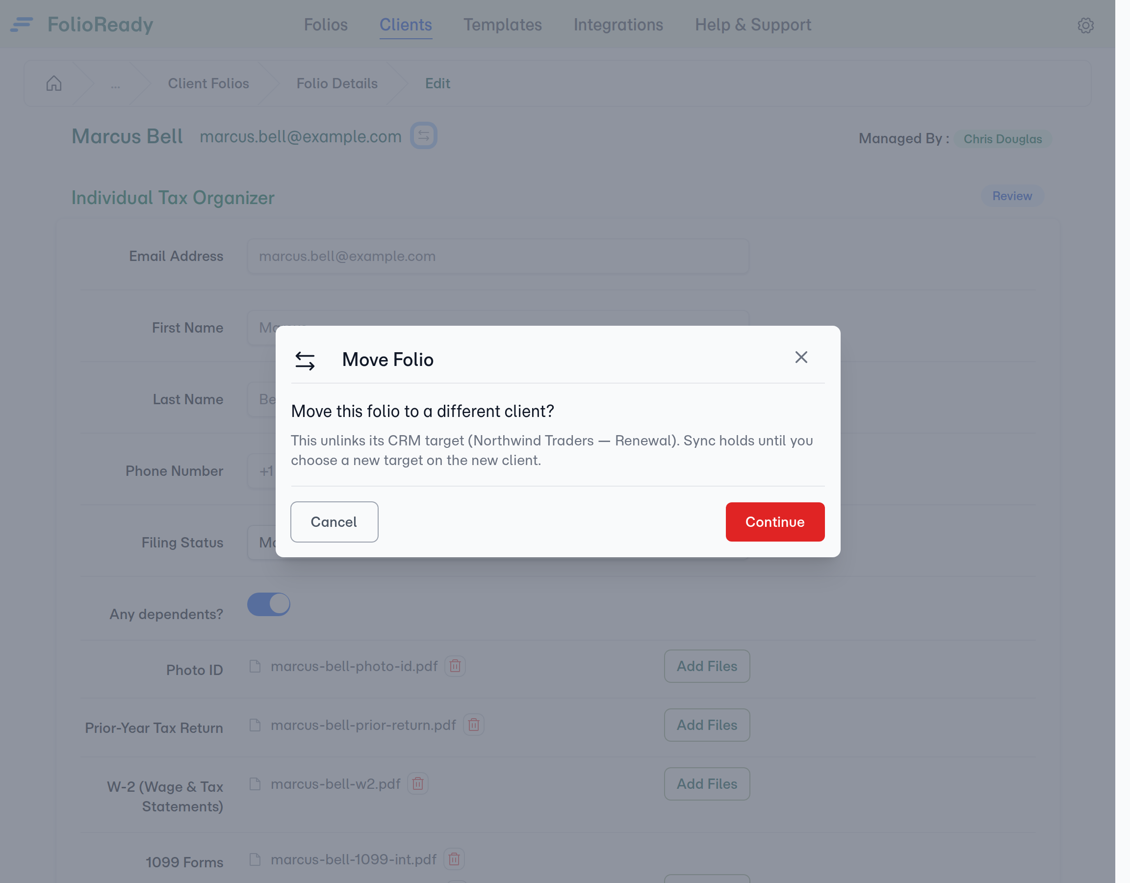 Confirm intent — moving unlinks any CRM target, and sync holds until you pick a new one.