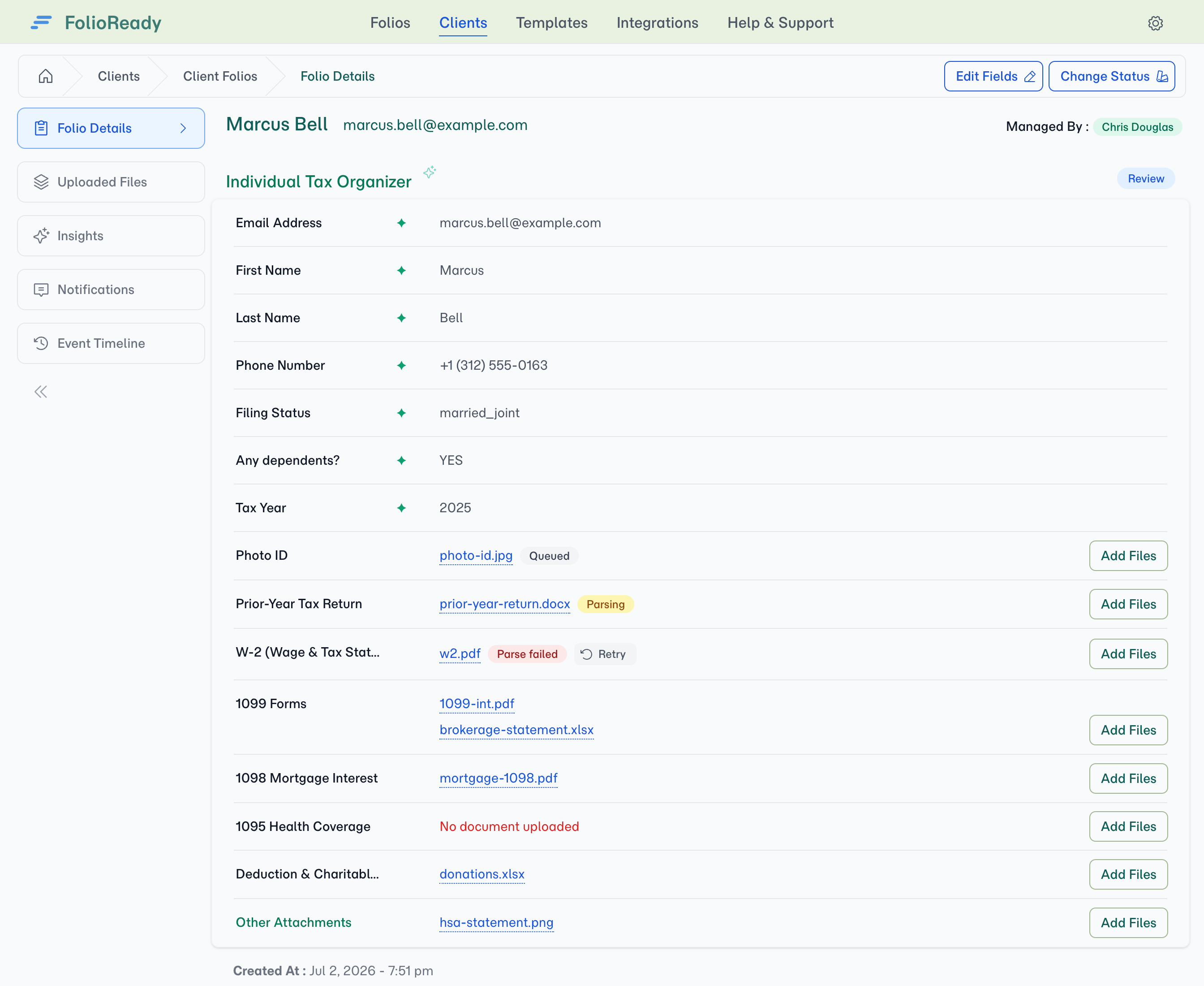 Folio detail — a file list showing the parse status states side by side: Queued, Parsing, Parse failed, and a clean row once a file is read.