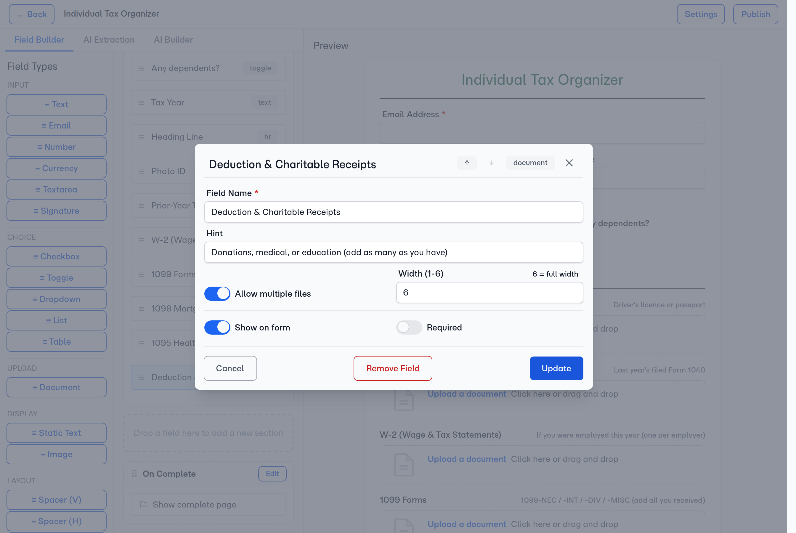 A Document field in the builder — name, instruction hint, required toggle, and 'Allow multiple files' for slots that take a stack.