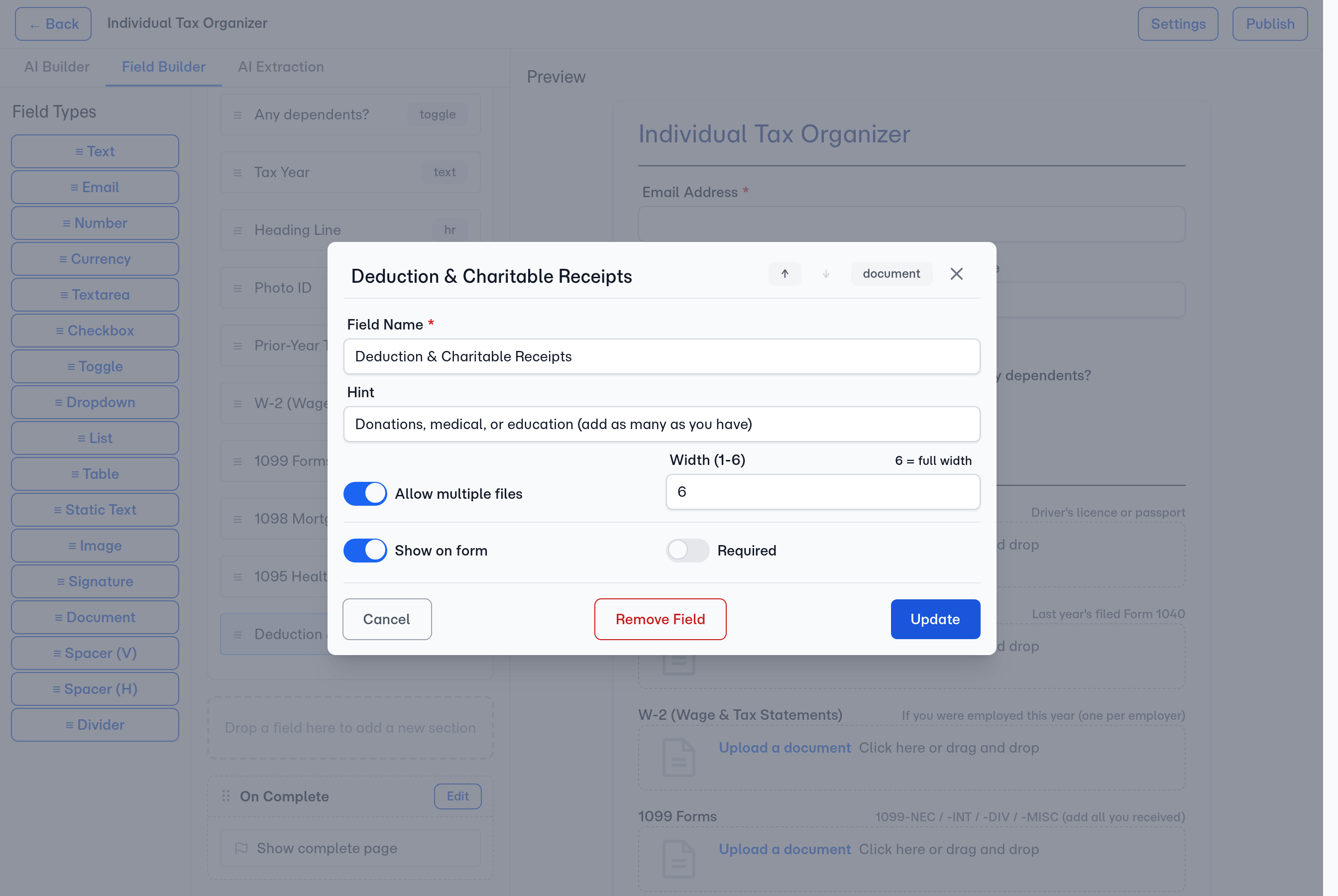 A Document field in the builder — name, instruction hint, required toggle, and 'Allow multiple files' for slots that take a stack.