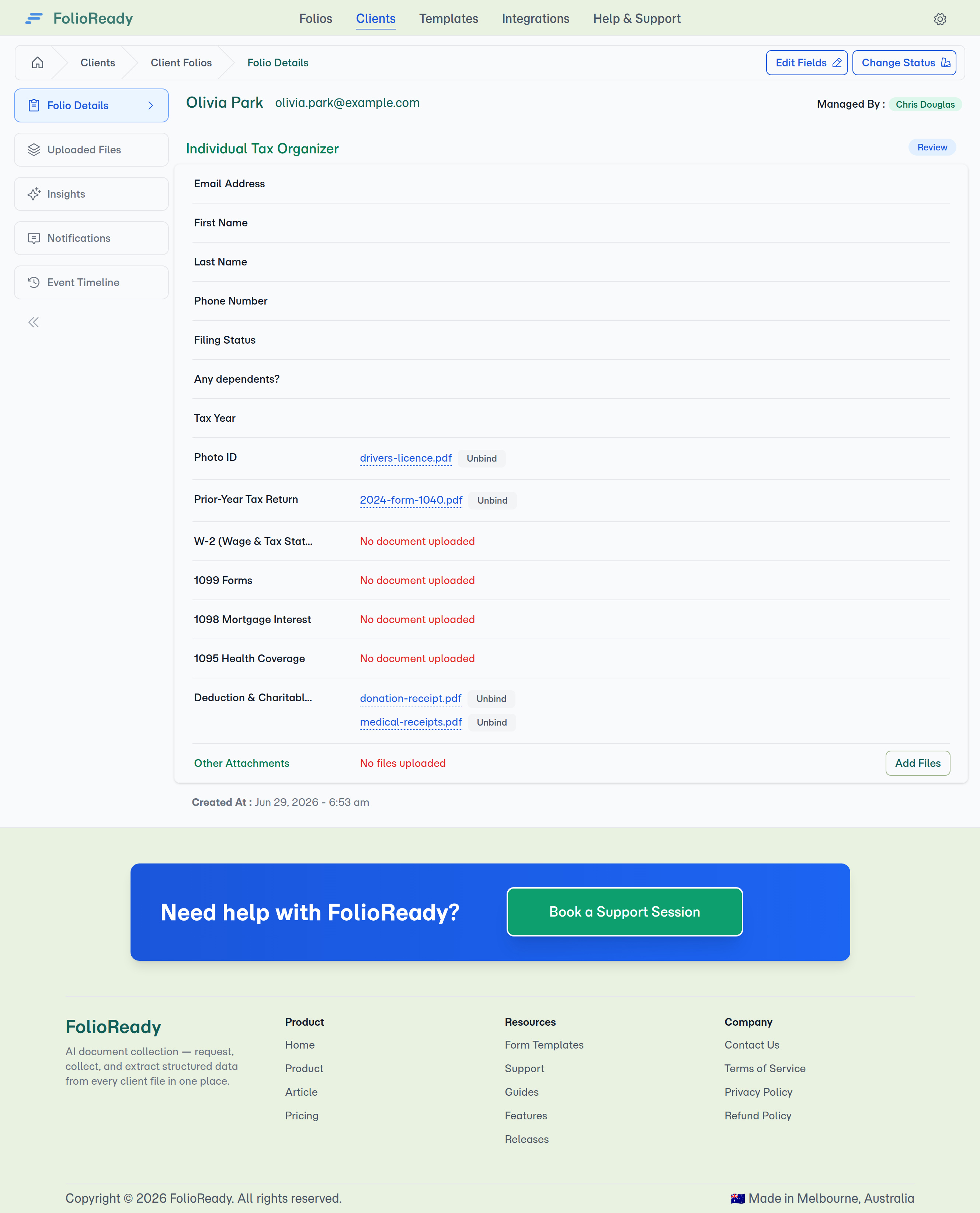 The folio review view — each document sits at its slot with an Unbind control to correct a wrong match; files that aren't matched wait under 'Other Attachments', alongside an Add Files button for documents you attach yourself.