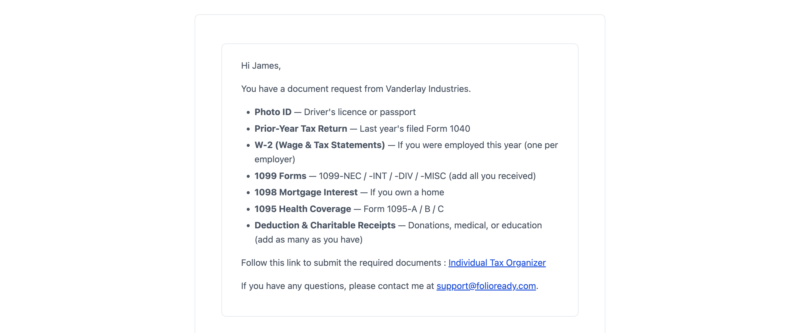 The request email for an Individual Tax Organizer — every document named, each with the hint from its slot in the template.