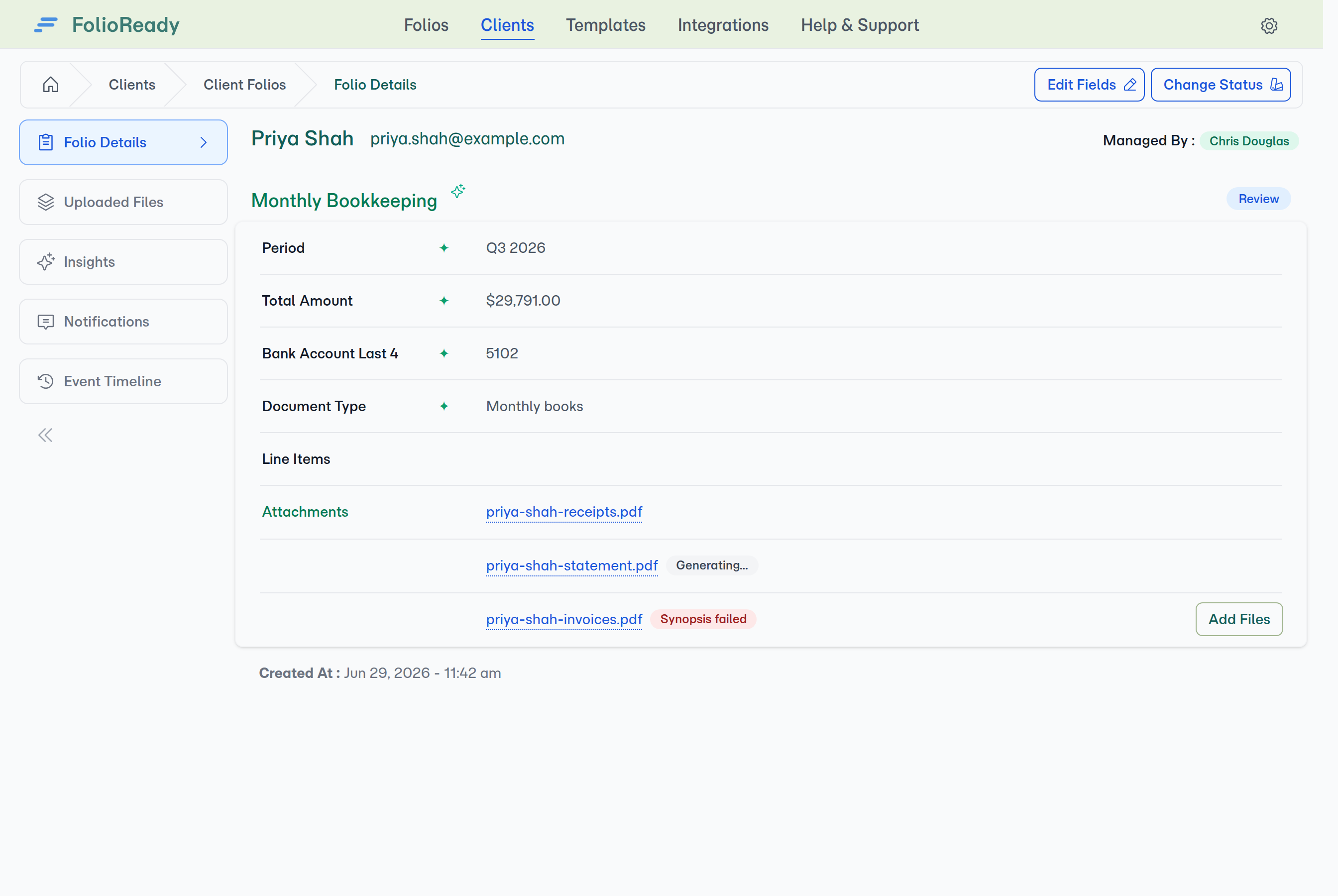 Folio details — file list with mixed synopsis states: a Generating… badge, a Synopsis failed badge, and a clean row once a synopsis is ready.
