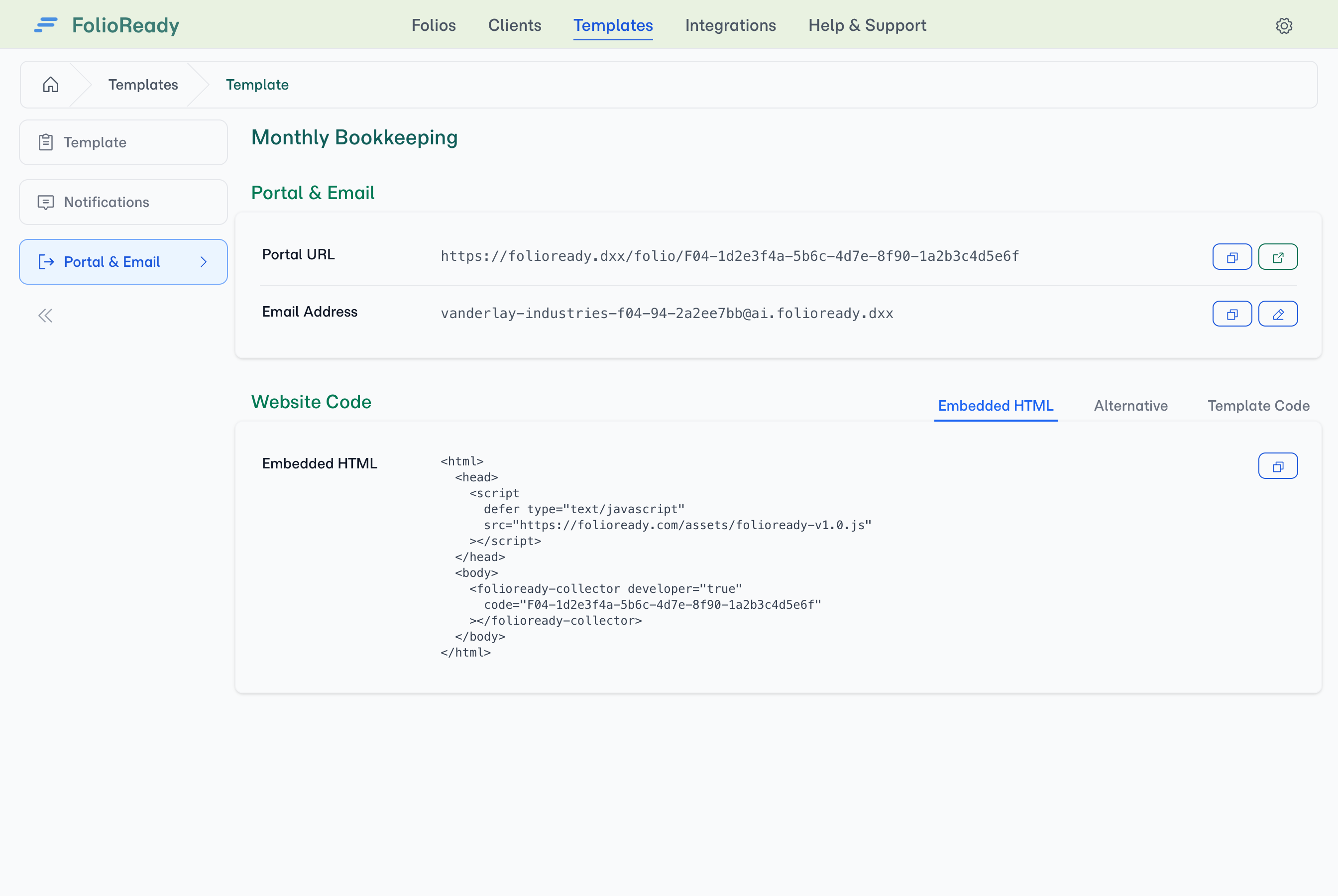 The Portal & Email tab — the template's inbound email address sits in the same card as its portal link.