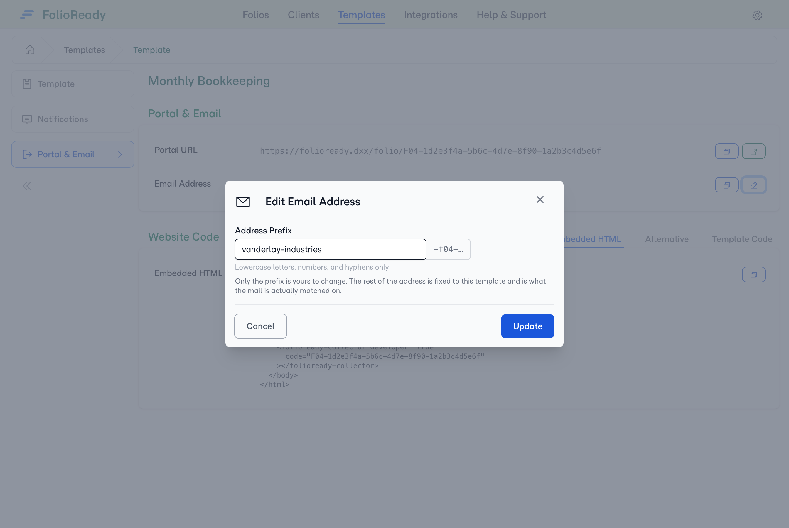 Editing the address — only the prefix is editable; the rest is fixed to the template.