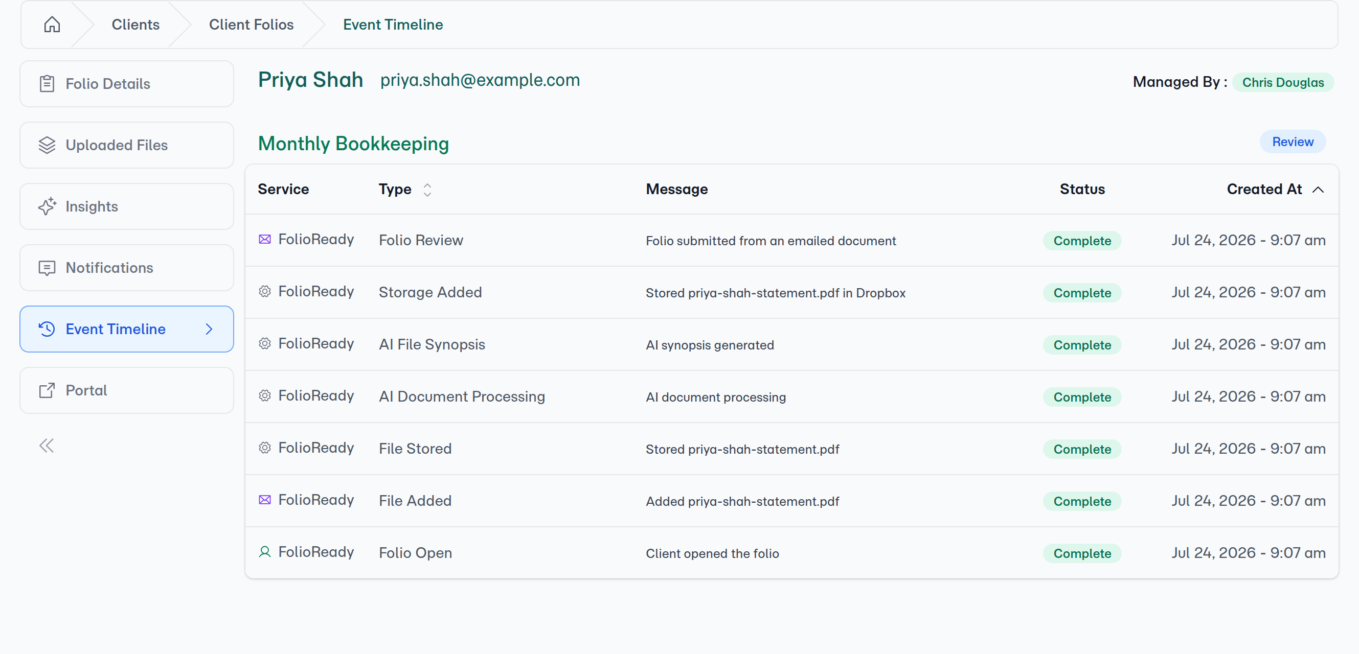 A folio auto-created from an emailed document — the timeline shows the email arriving, AI processing the file, and storage syncing to Dropbox, all before you open it for review.