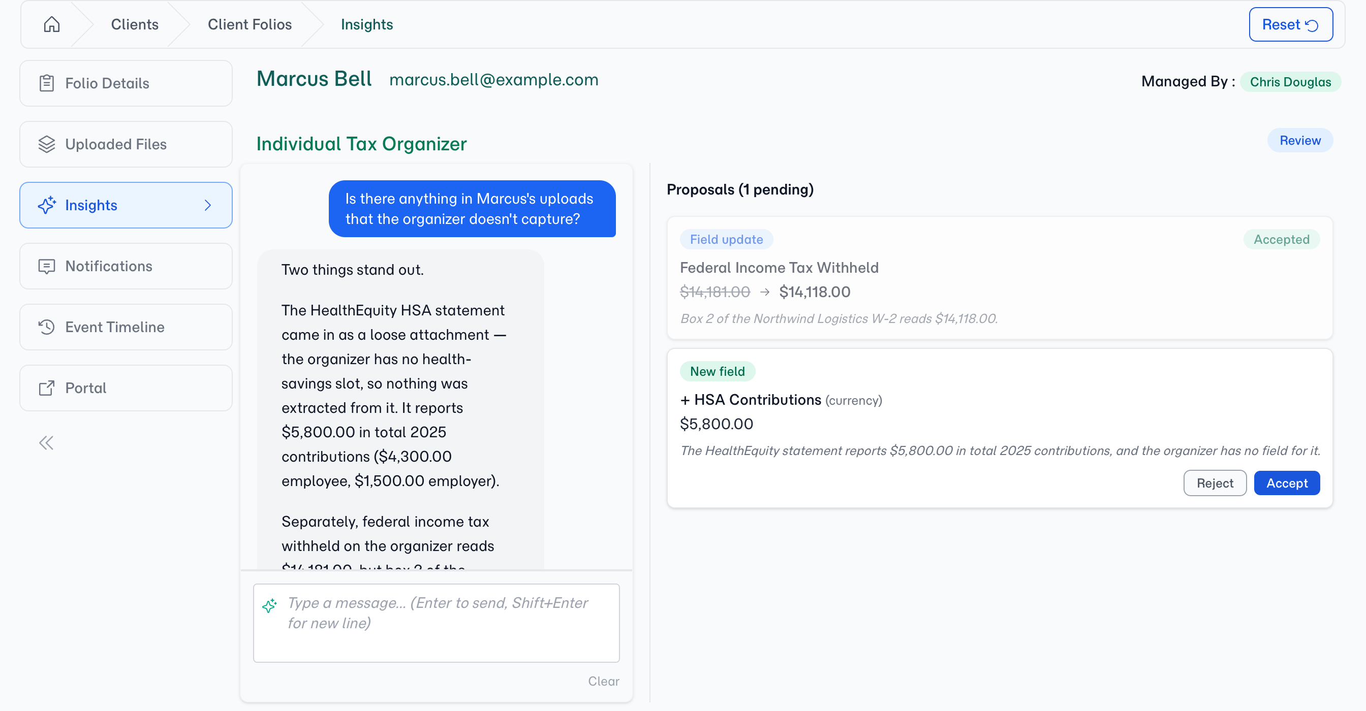 Insights tab on a folio — chat panel on the left, proposal cards on the right.