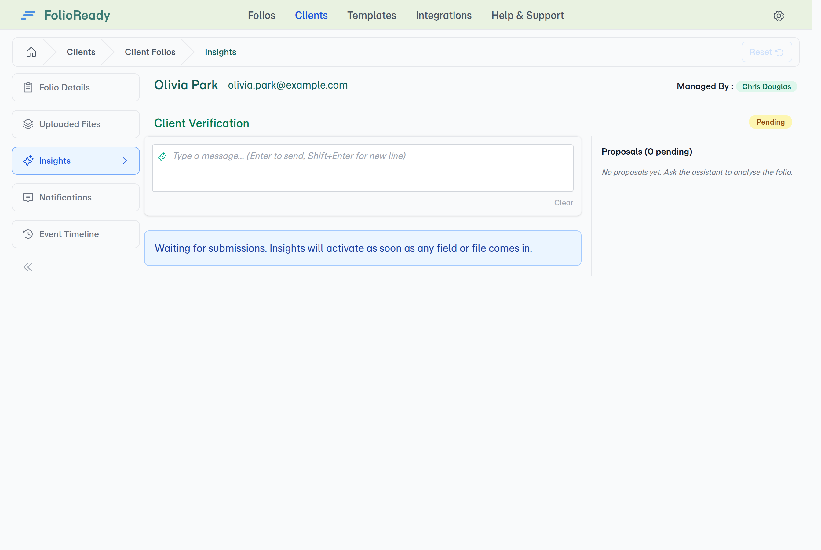 Empty state — Insights activates as soon as a field or file comes in.