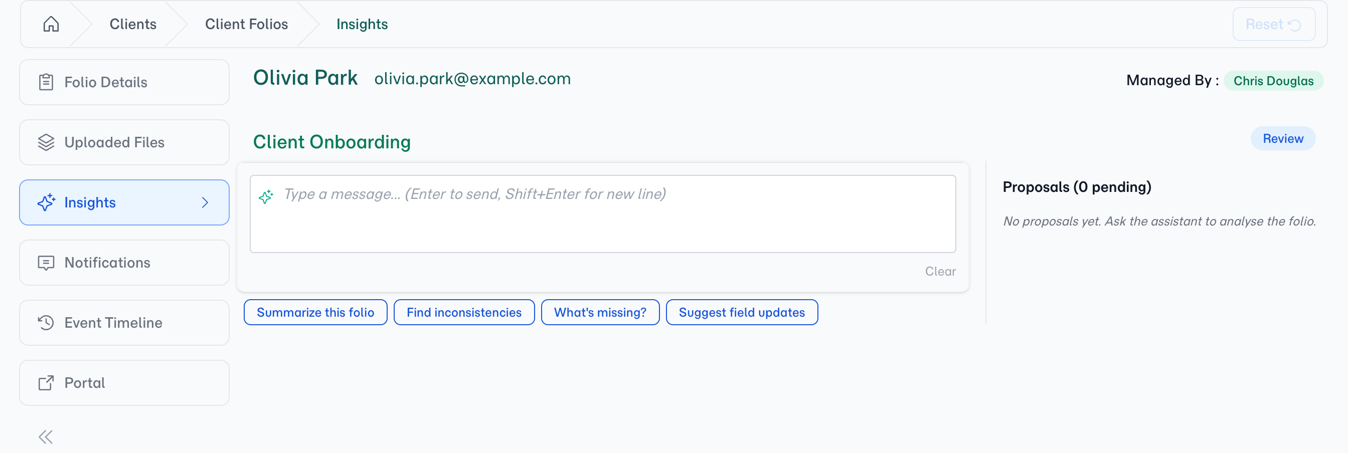 Starter chips above the chat input — quick prompts to get you going.