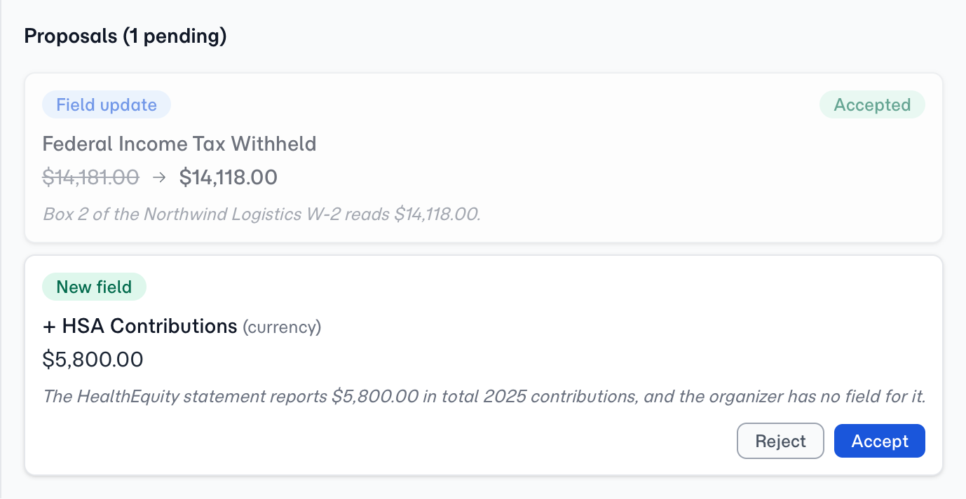 Proposals panel — two cards: one Field update, one New field.
