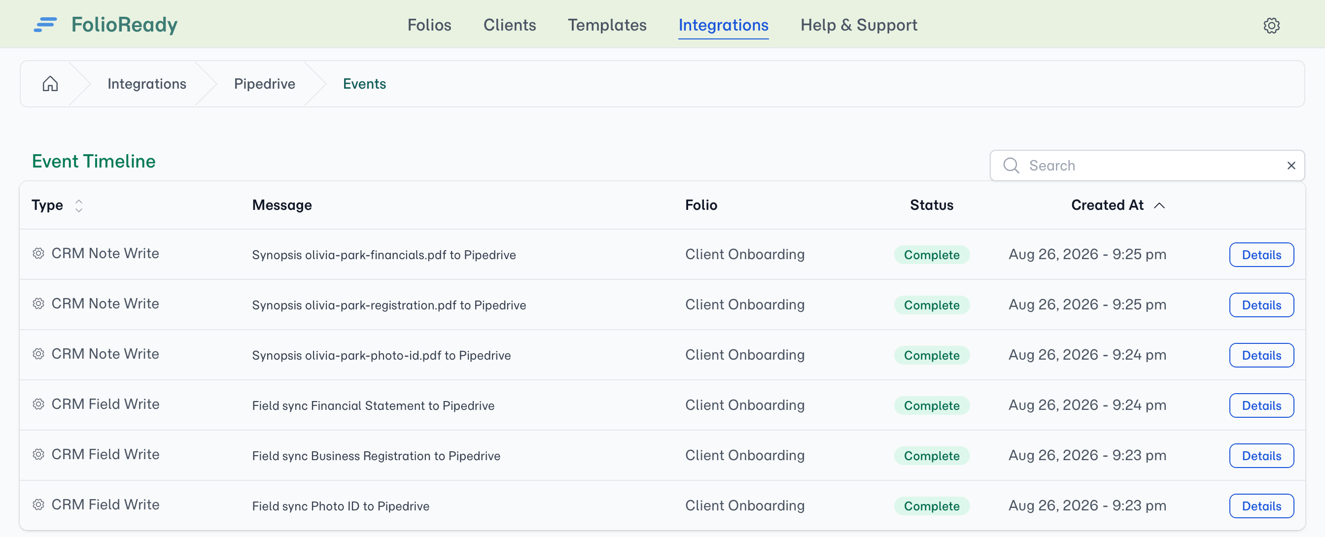 An integration's own Event Timeline — every event that connected app has produced, across all clients.