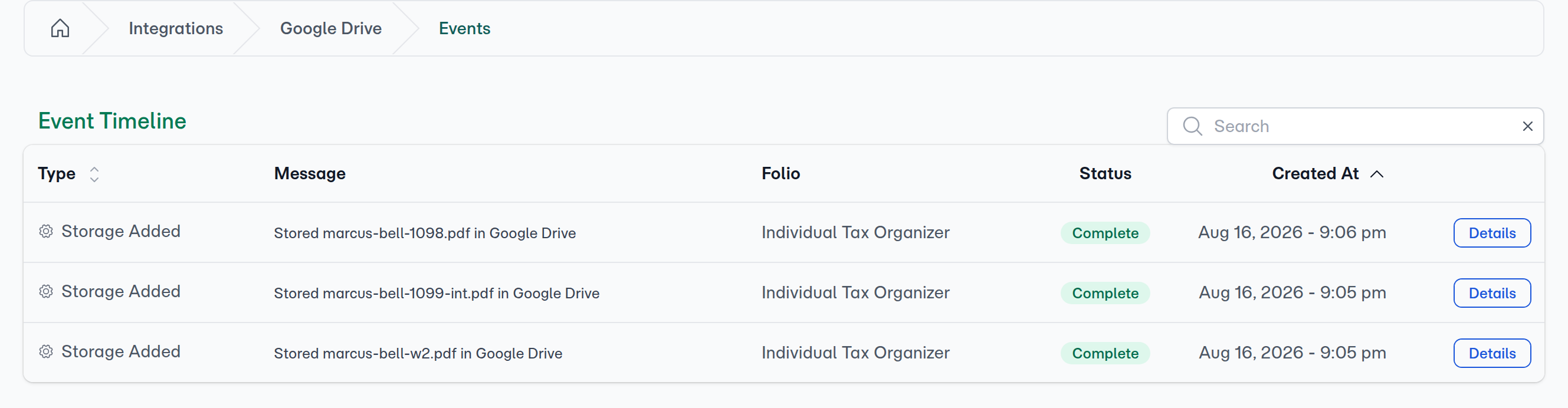 An integration's own Event Timeline — every event that connected app has produced, across all clients.