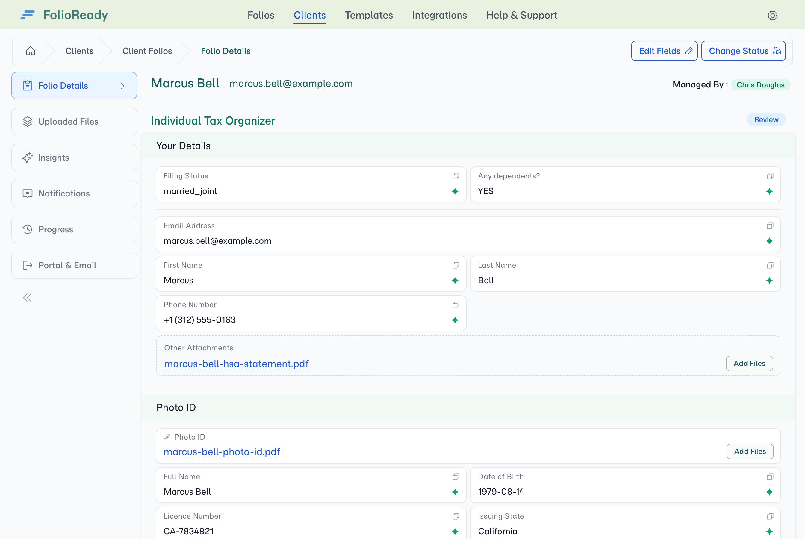 A multi-section folio read back on the collector's grid — sections named and in order, half-width fields still paired, each document sitting with the values it produced.