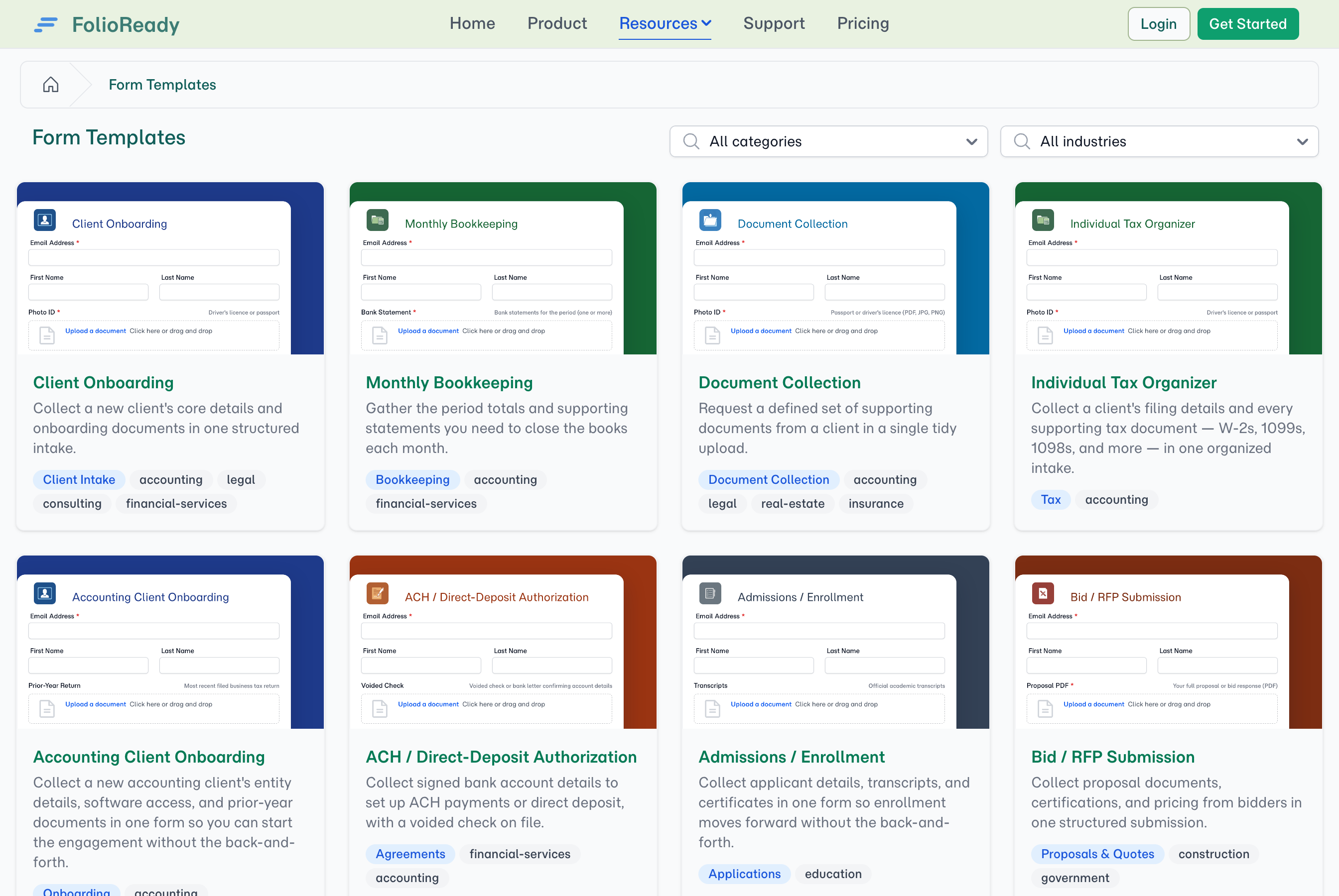 The template catalog — browse ready-made templates and filter by category or industry.