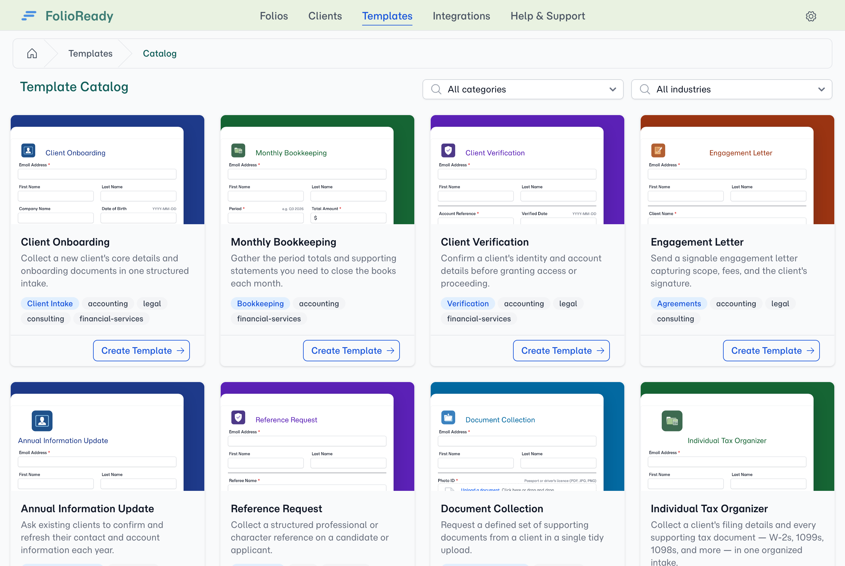 The template catalog — browse ready-made templates and filter by category or industry.