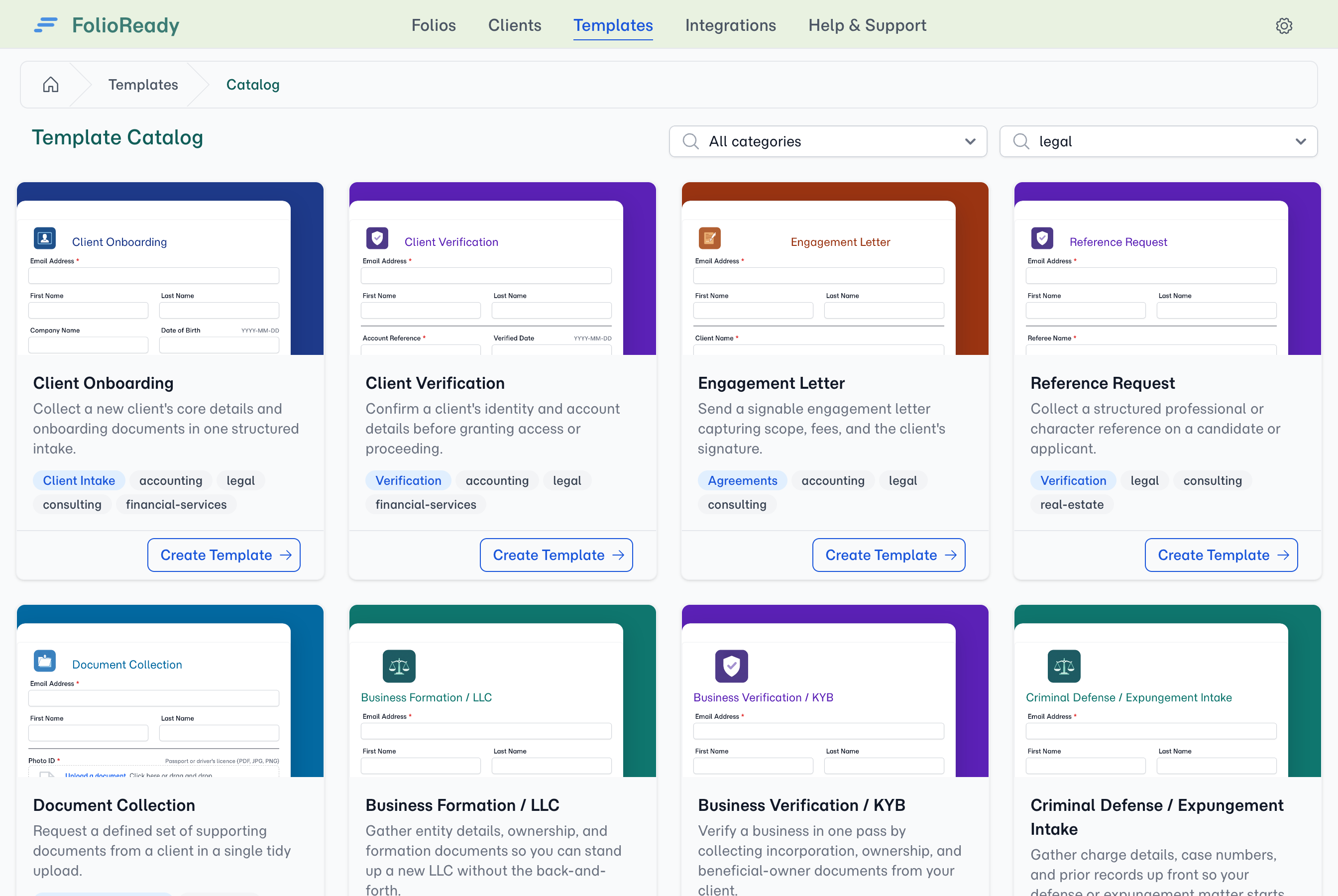 Filter by industry — the grid narrows to the templates built for your practice.