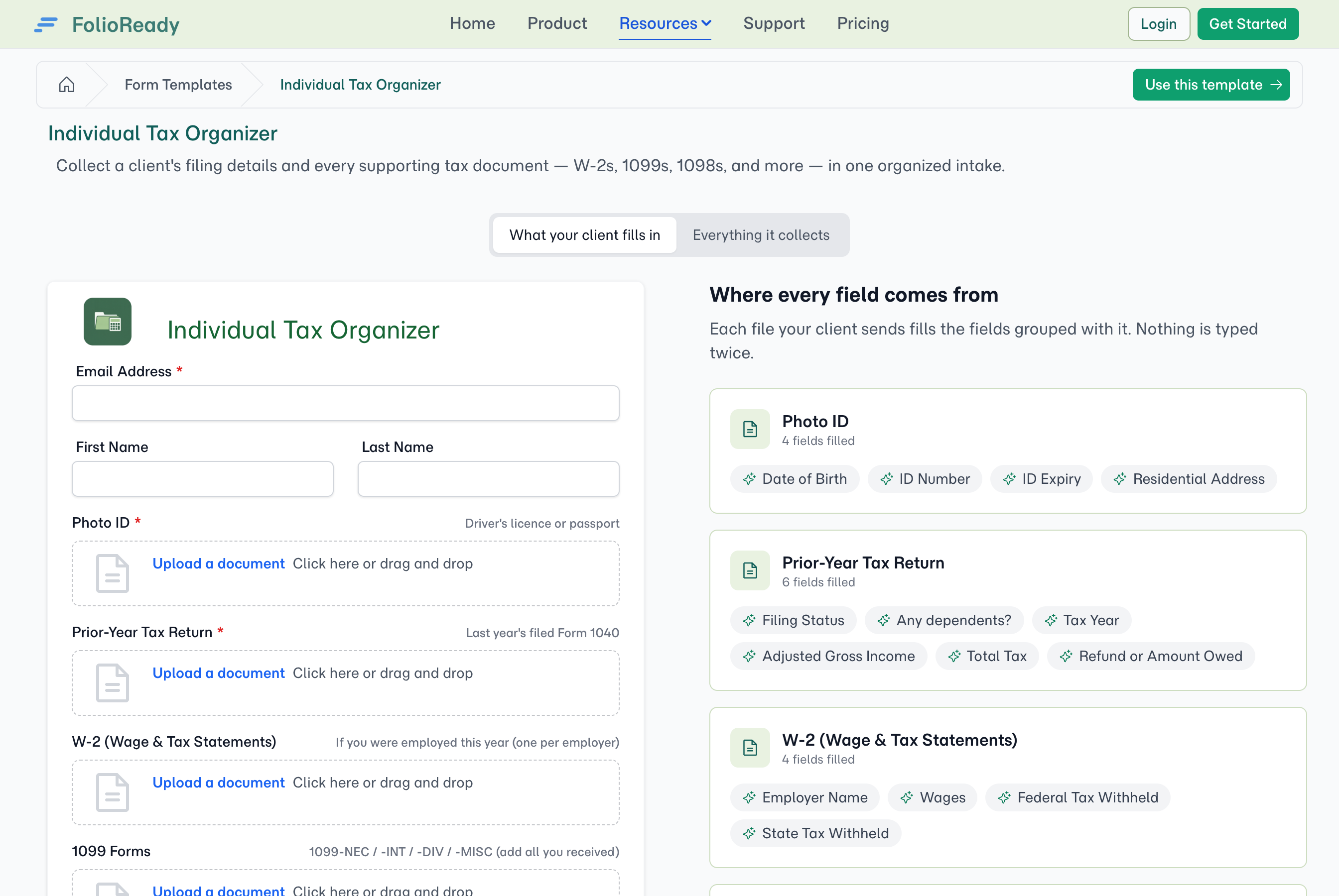 Preview a template before importing — the files it asks for, and the fields AI reads out of each one.