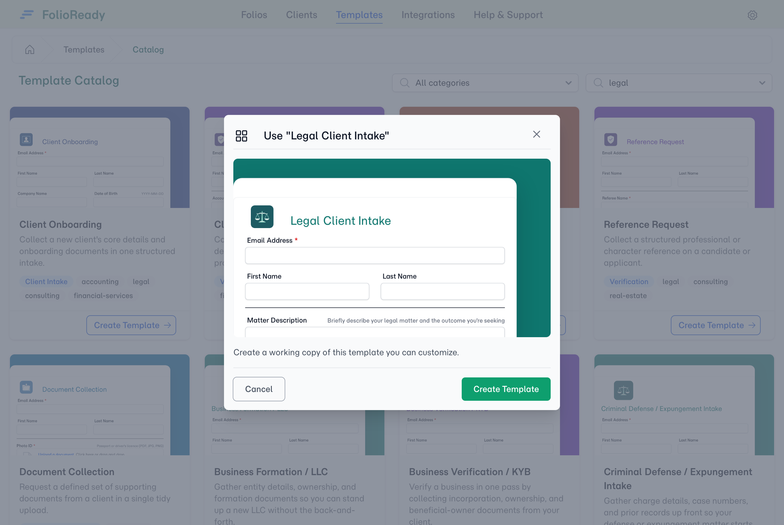 Preview a template before importing — see the fields and document slots you'd start from.