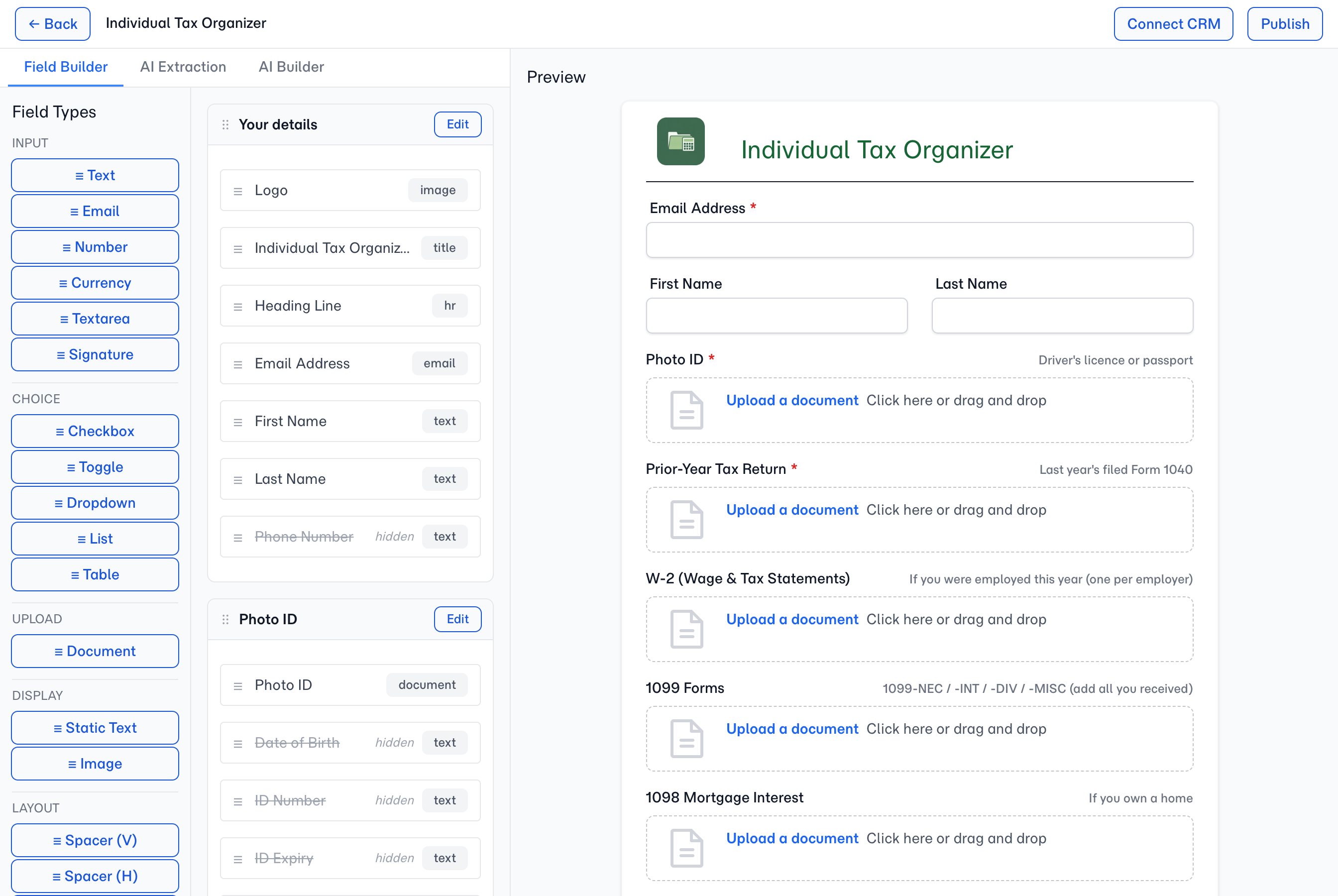 An imported template open in the builder — one section per document, its extracted fields hidden beneath it, fully editable from the moment it lands.