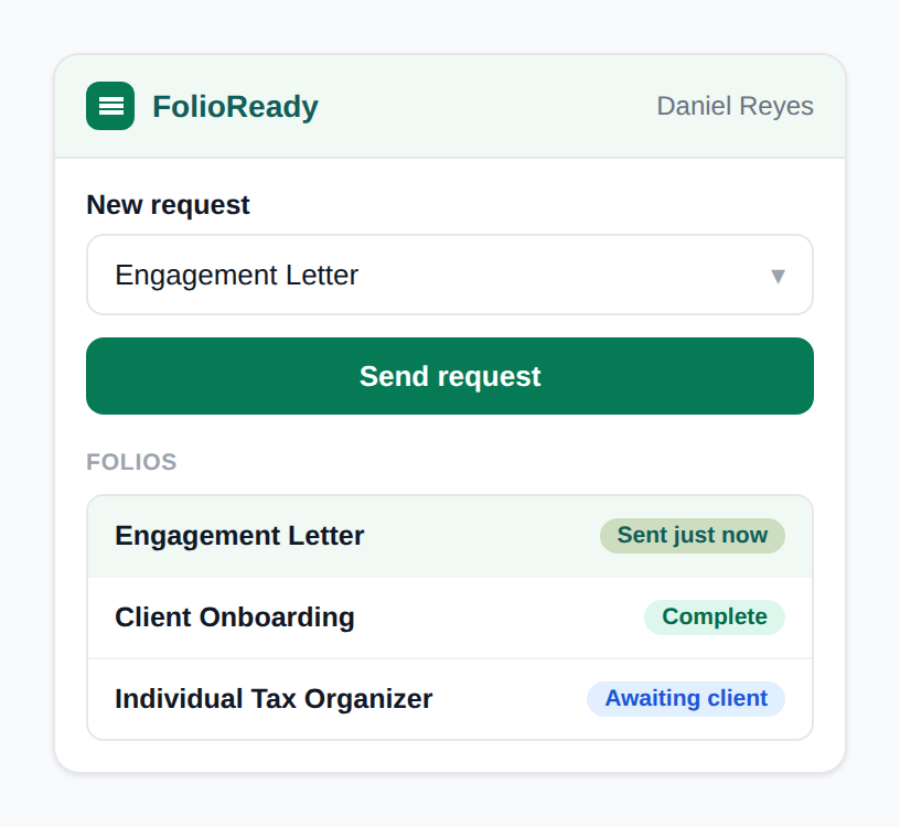Pick a template and Send request — the new folio appears at the top of the contact's list right away.