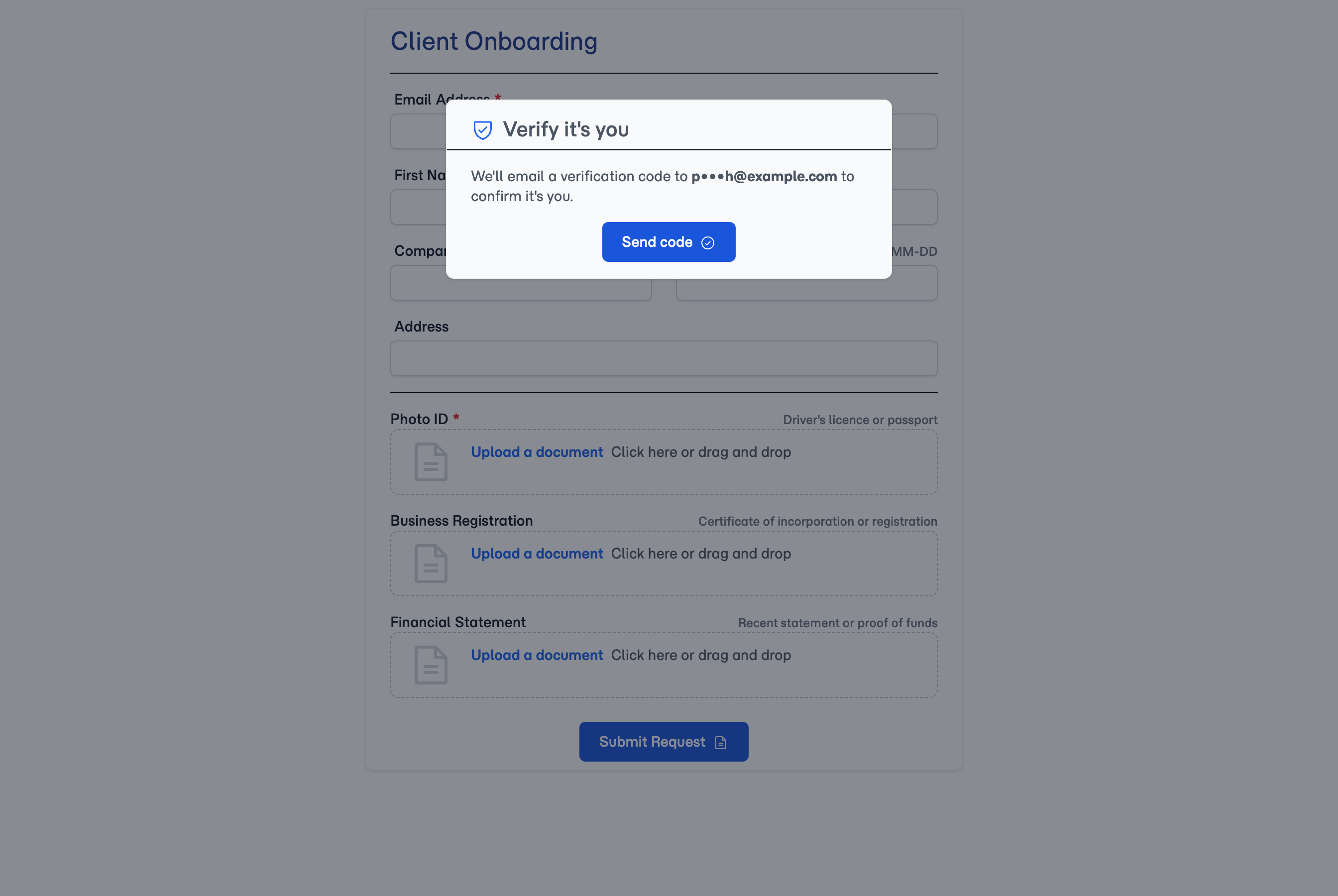 What an unverified visitor sees — your form and your branding, every field empty, and even the address the code is going to shown only as p•••h@example.com.