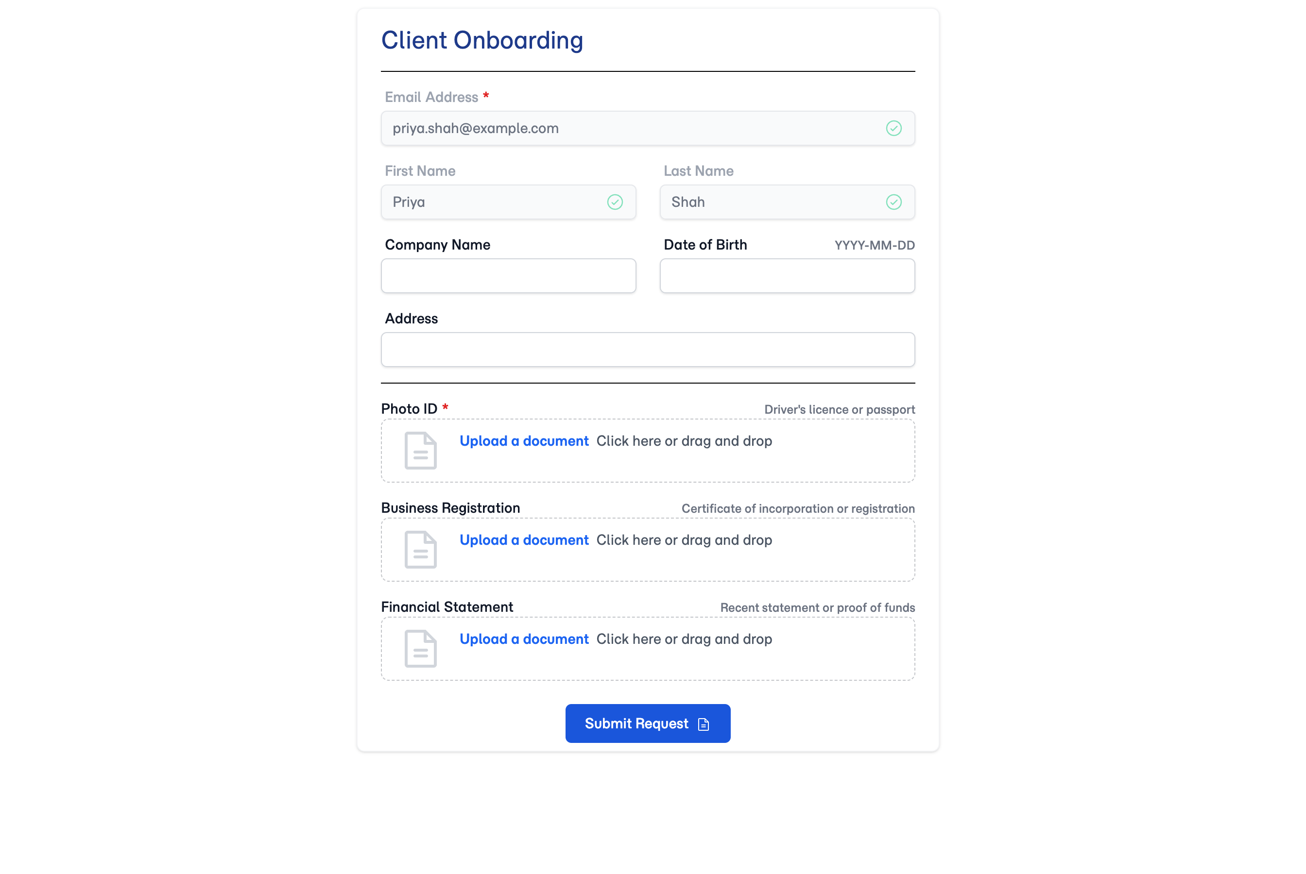 After verifying — the same form with the client's real details filled in and locked, so they can see what you hold without retyping it.