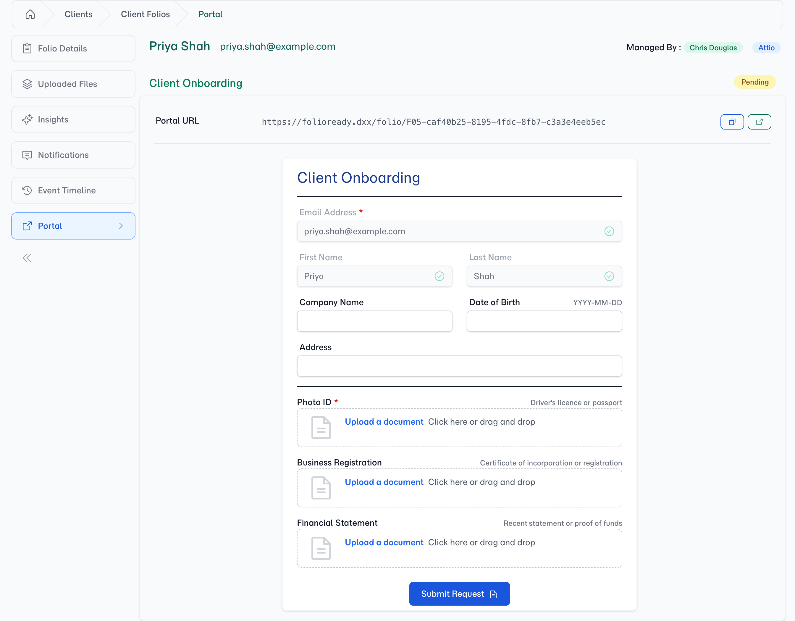 The folio's Portal tab — the shareable link with copy and open buttons, and a gate-free preview of the client's form beneath it.