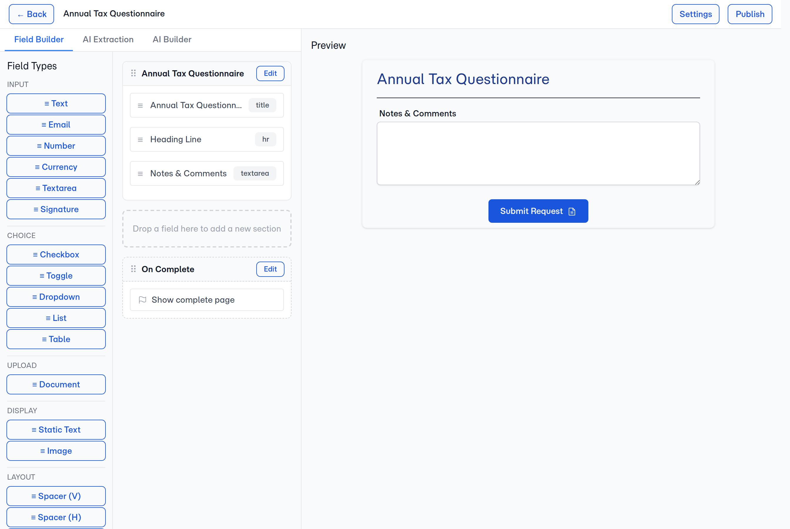The builder canvas — the title row sits at the top of the first section, mirroring the template name in real time.