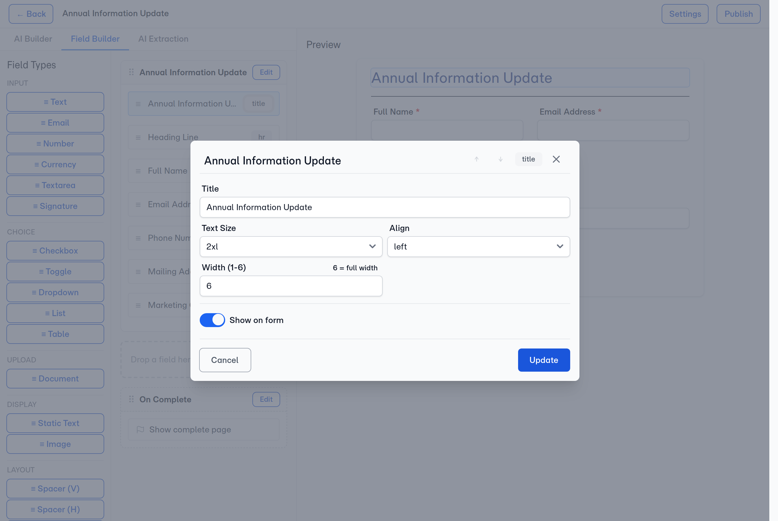 The title's edit modal — Title, Text Size, Align, and Width. Field Name and Remove are hidden because the name is derived and the field can't be removed.