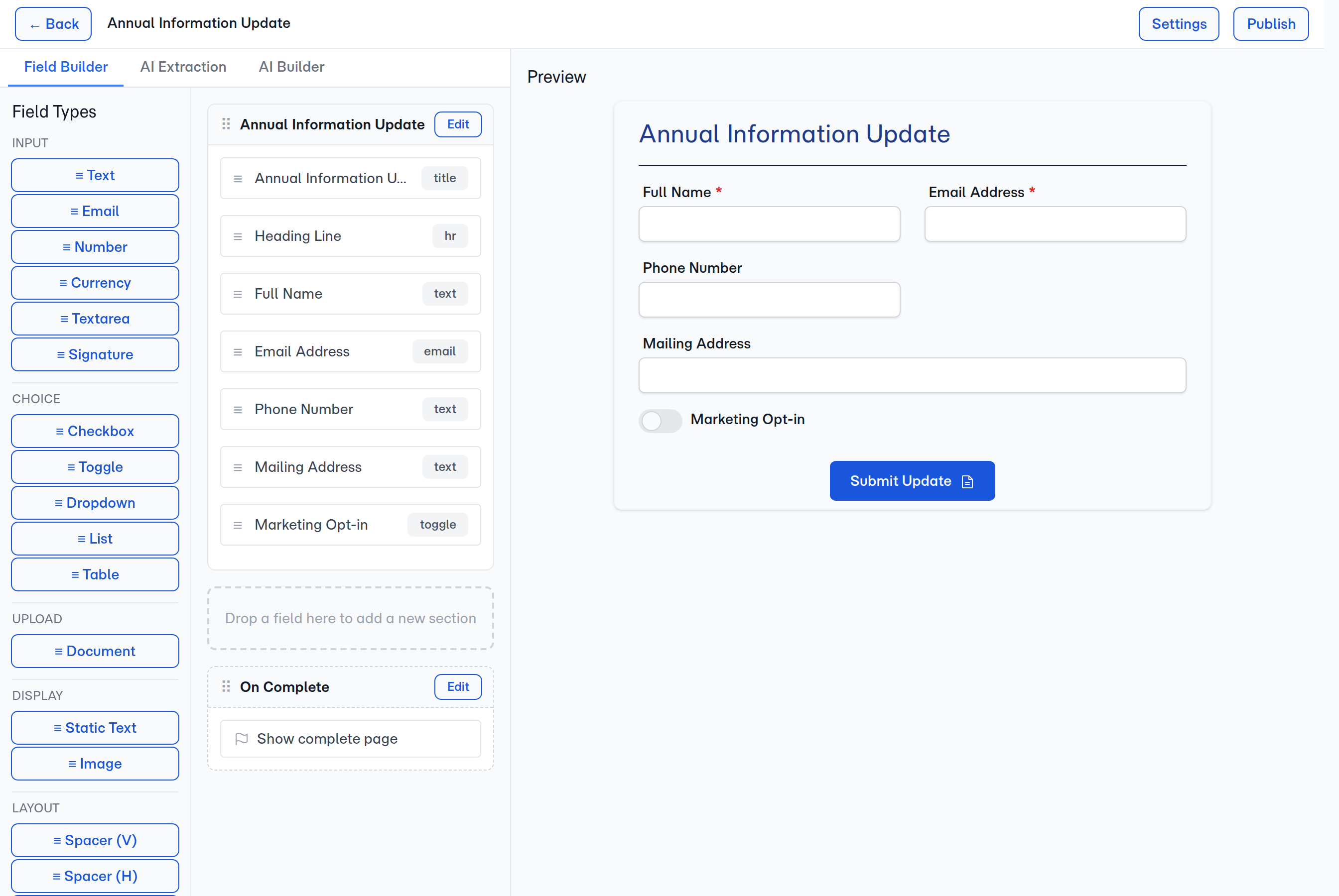 The template builder — field palette on the left, the form you're building in the middle, and a live preview of what the client will see on the right.