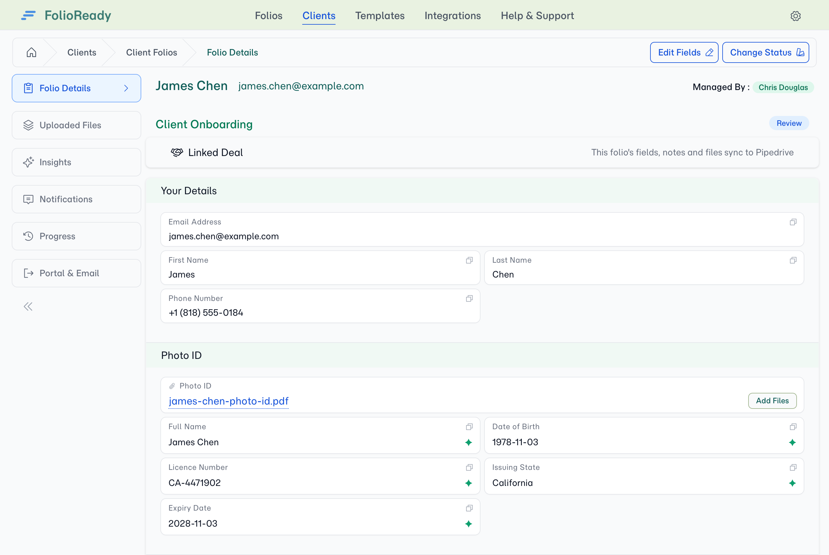 A folio filed against a deal says so on the detail page — the Linked Deal line names the service its fields, notes and files sync to.