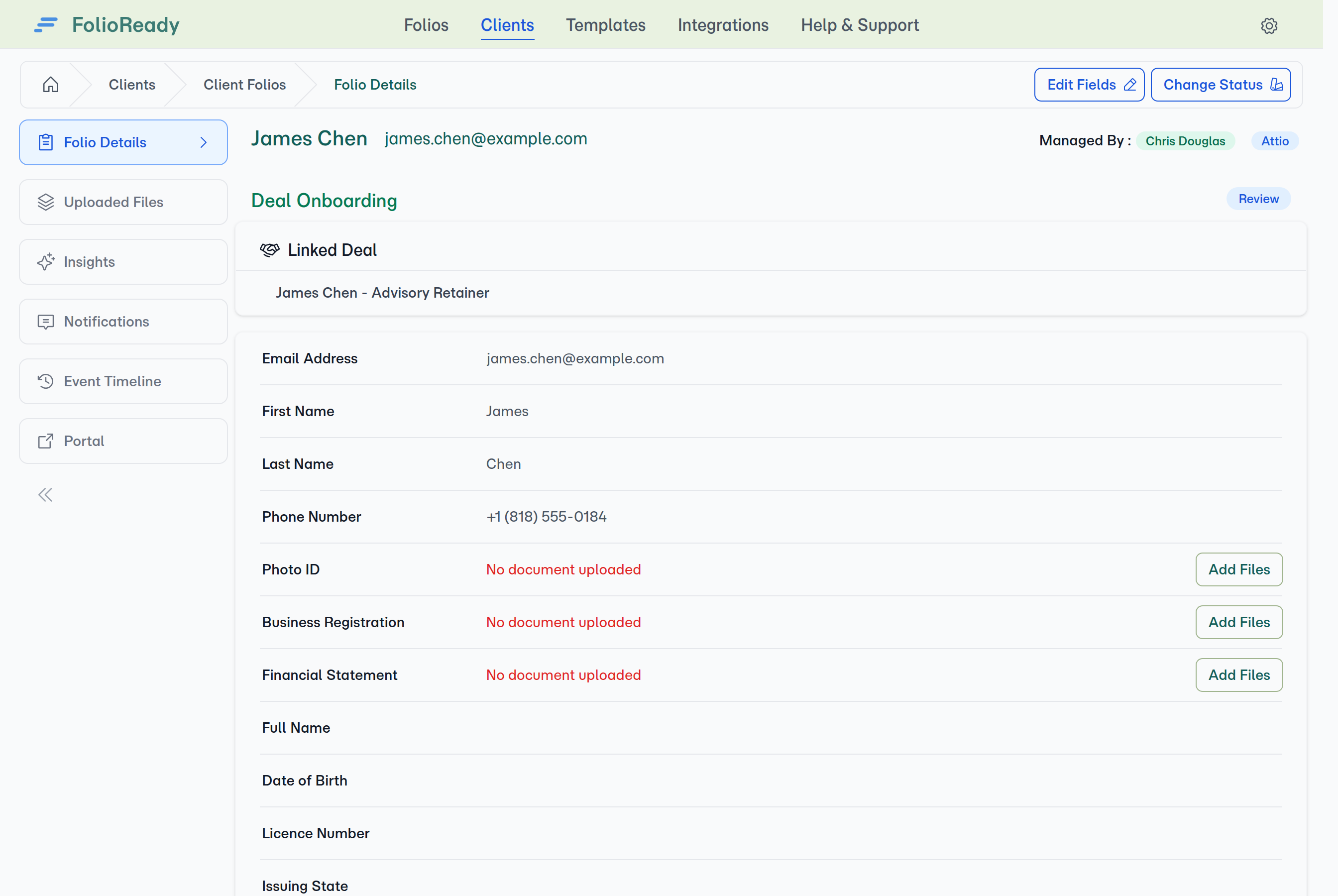 A folio filed against a deal names it on the detail page — the Linked Deal card shows the Attio record everything syncs to.