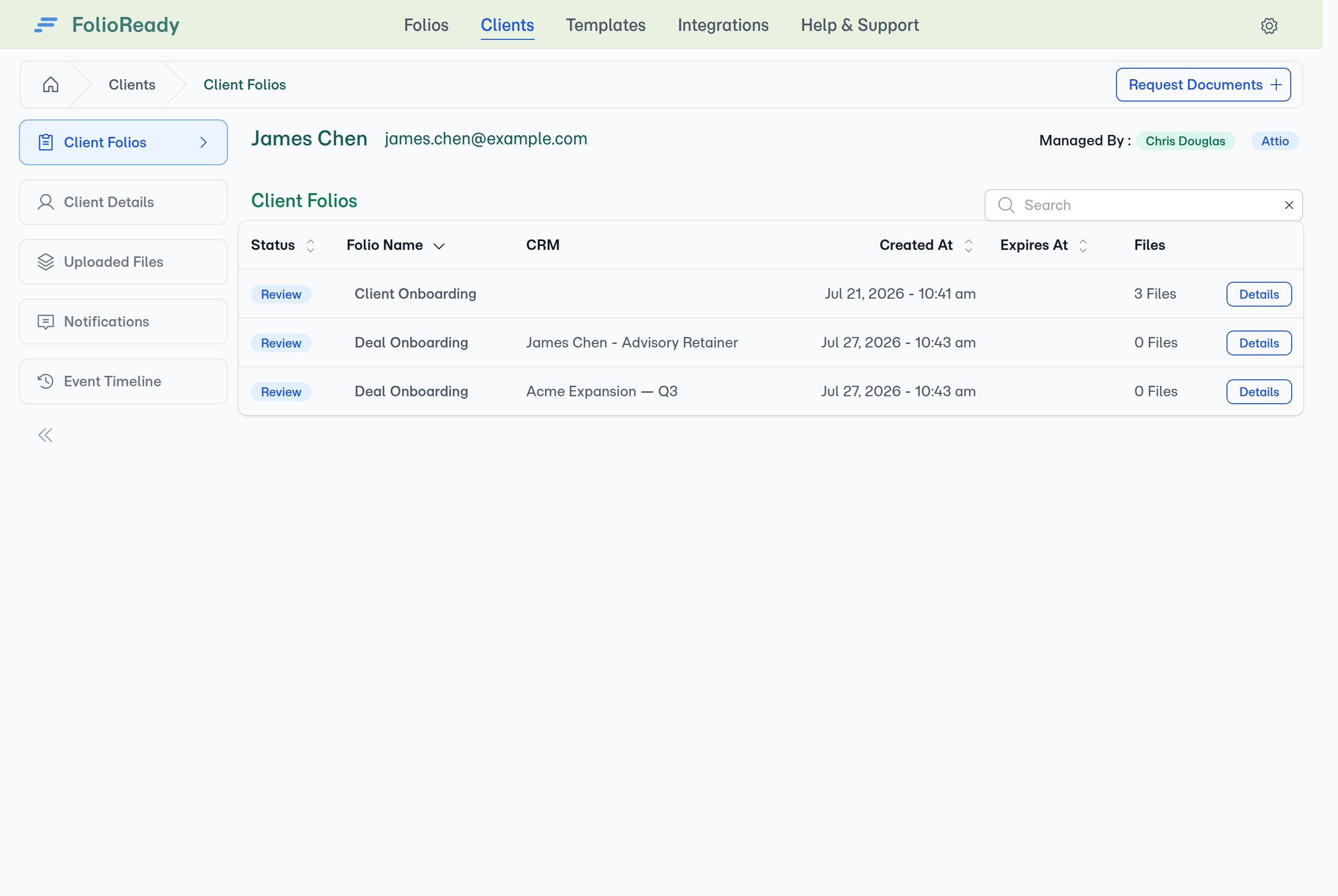 The folio list's CRM column names each folio's linked deal at a glance.