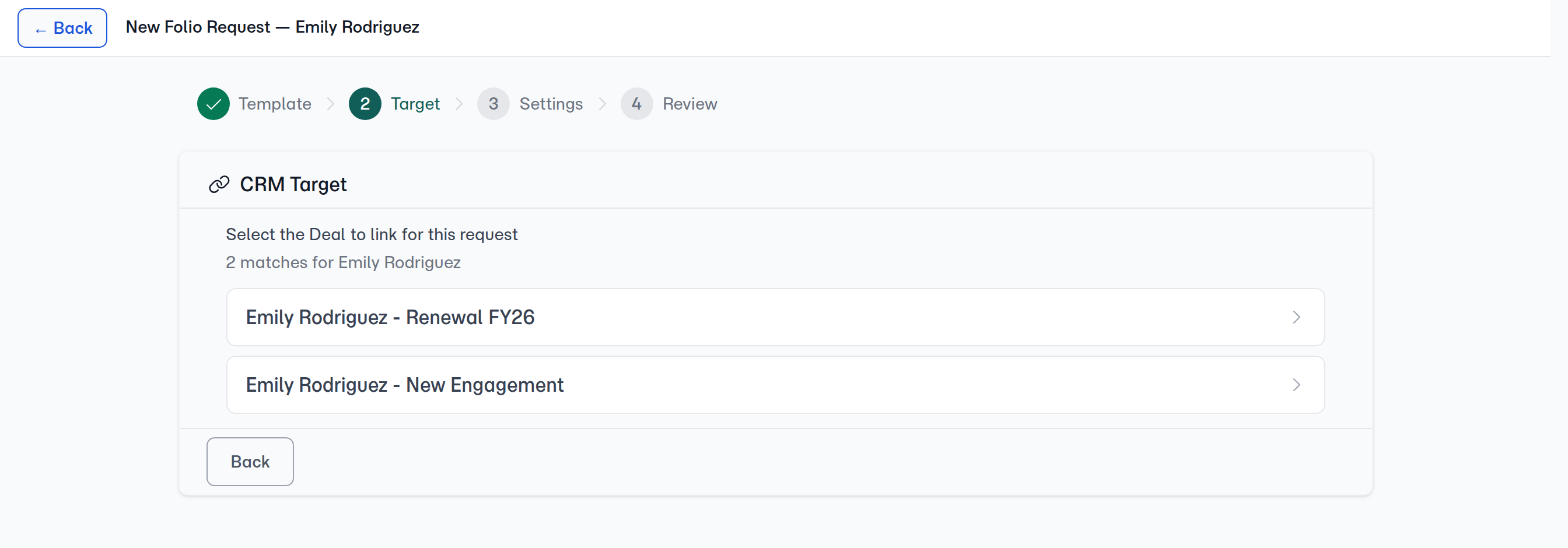 When a client has more than one deal, the folio's Target step lists the candidates and lets you pick — FolioReady never chooses for you.