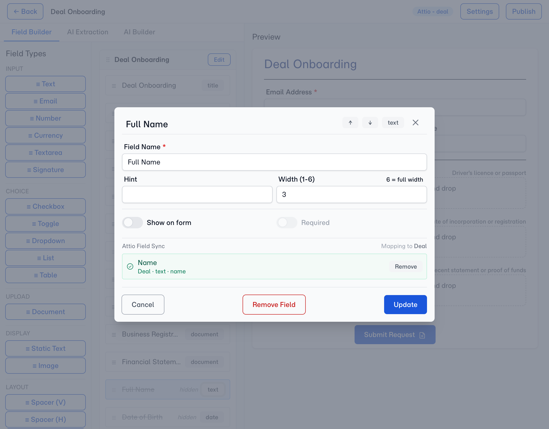 A canvas field's Attio Field Sync. The object comes from the template's Document Target — you choose which attribute on it to write to.