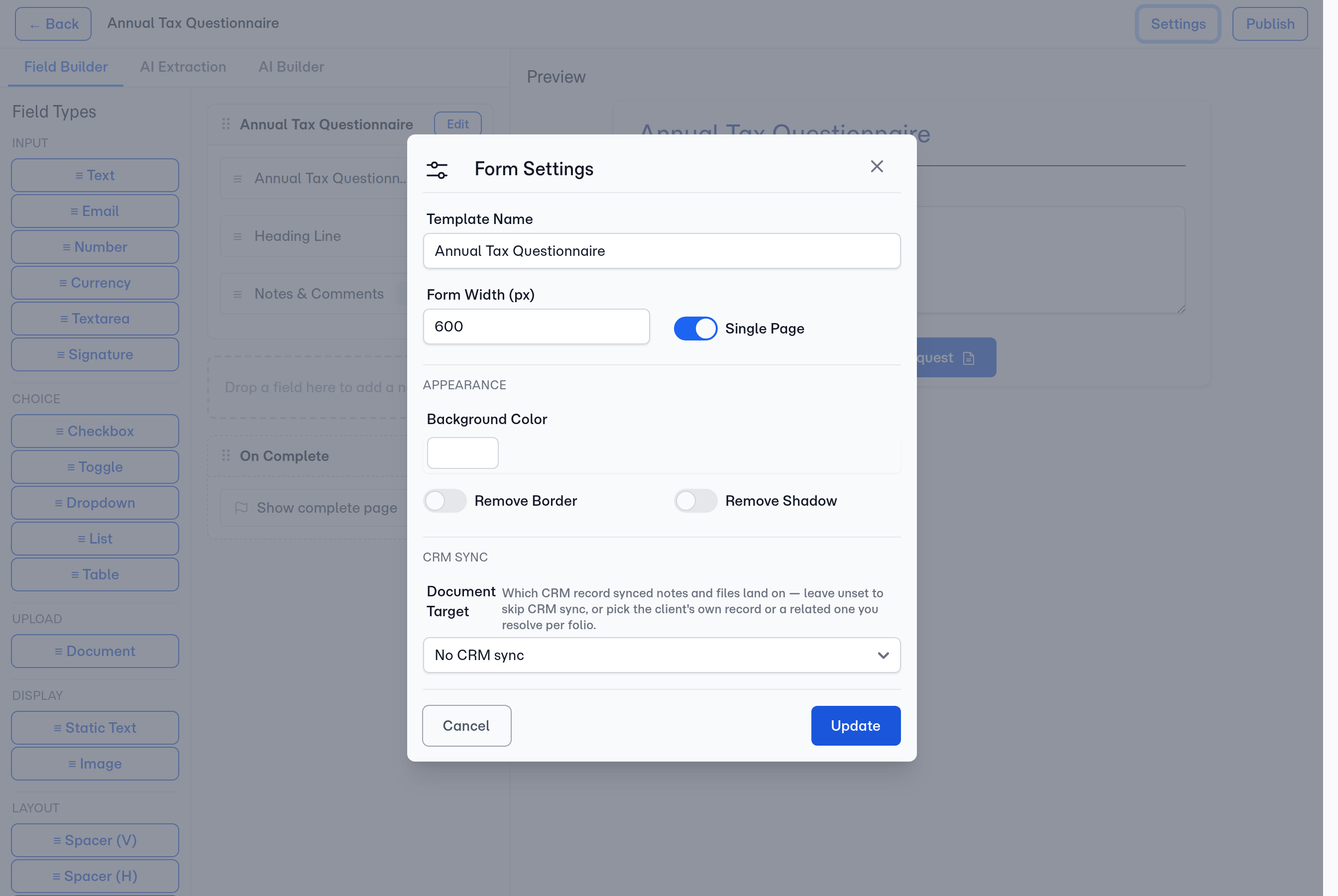 Set a template's Document Target in the builder's Settings panel — the selector lists your Attio objects, or No CRM sync to skip.