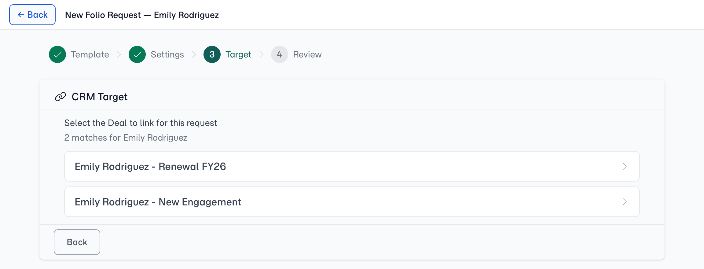 The Target step when a client has more than one Deal — FolioReady lists the candidates instead of choosing.