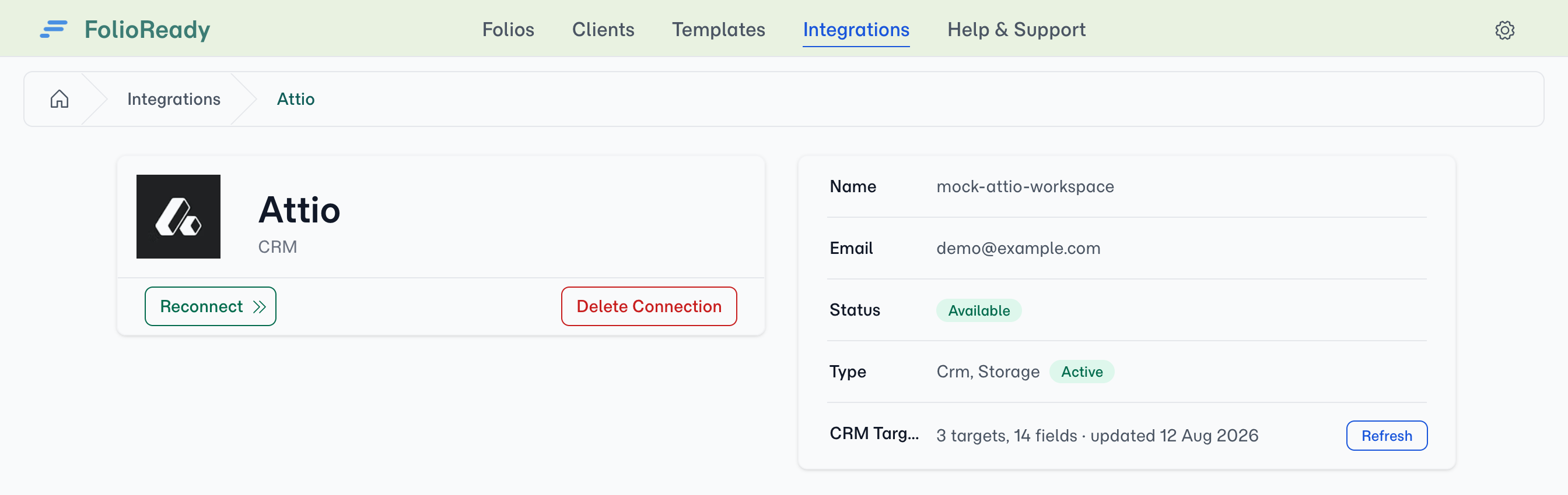 The Attio integration panel — Refresh reloads the objects and attributes FolioReady offers in the builder.