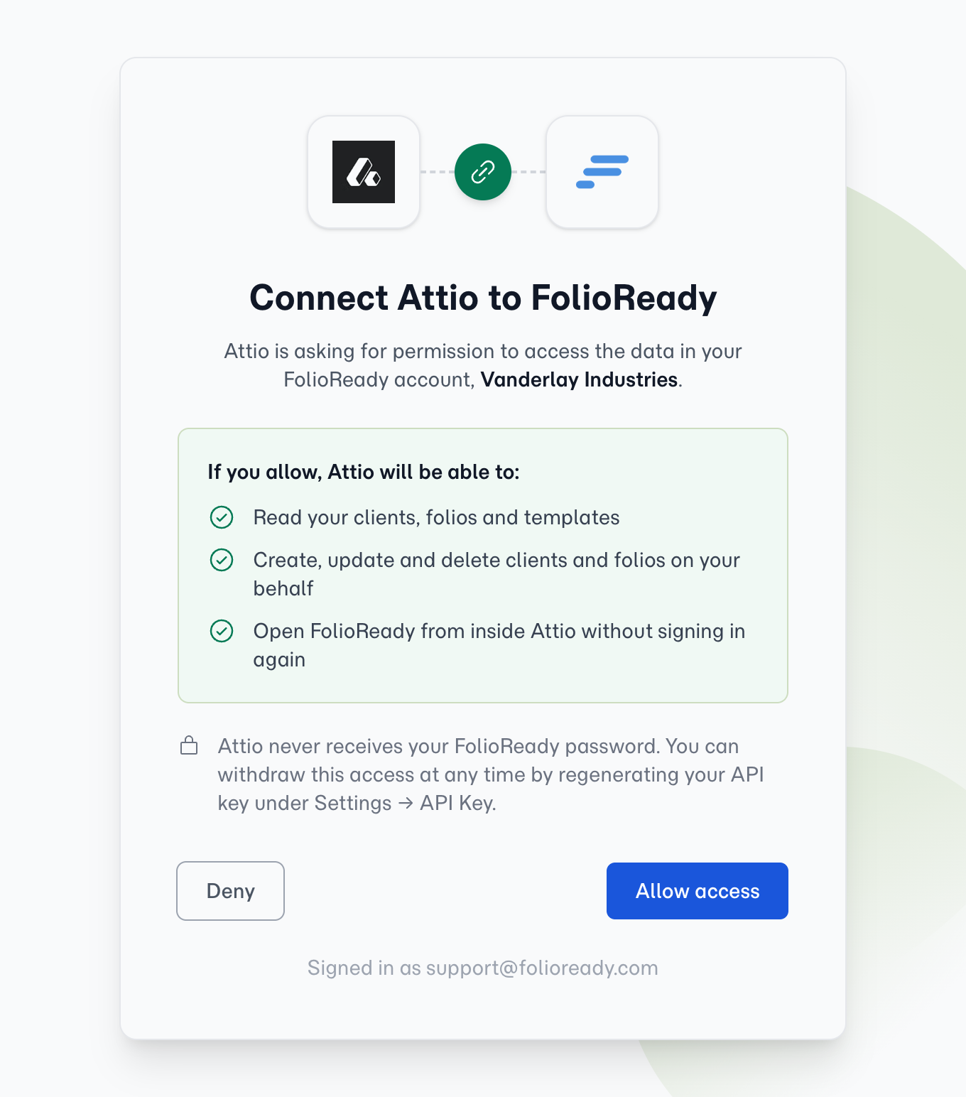 Authorizing the Attio app to access your FolioReady account — the screen lists exactly what Attio will be able to do; click Allow access to link the panel to your workspace.