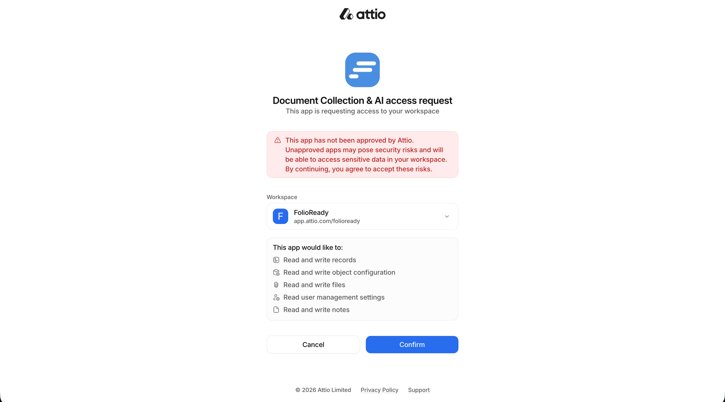 Attio's authorization screen — pick the workspace, grant access once.