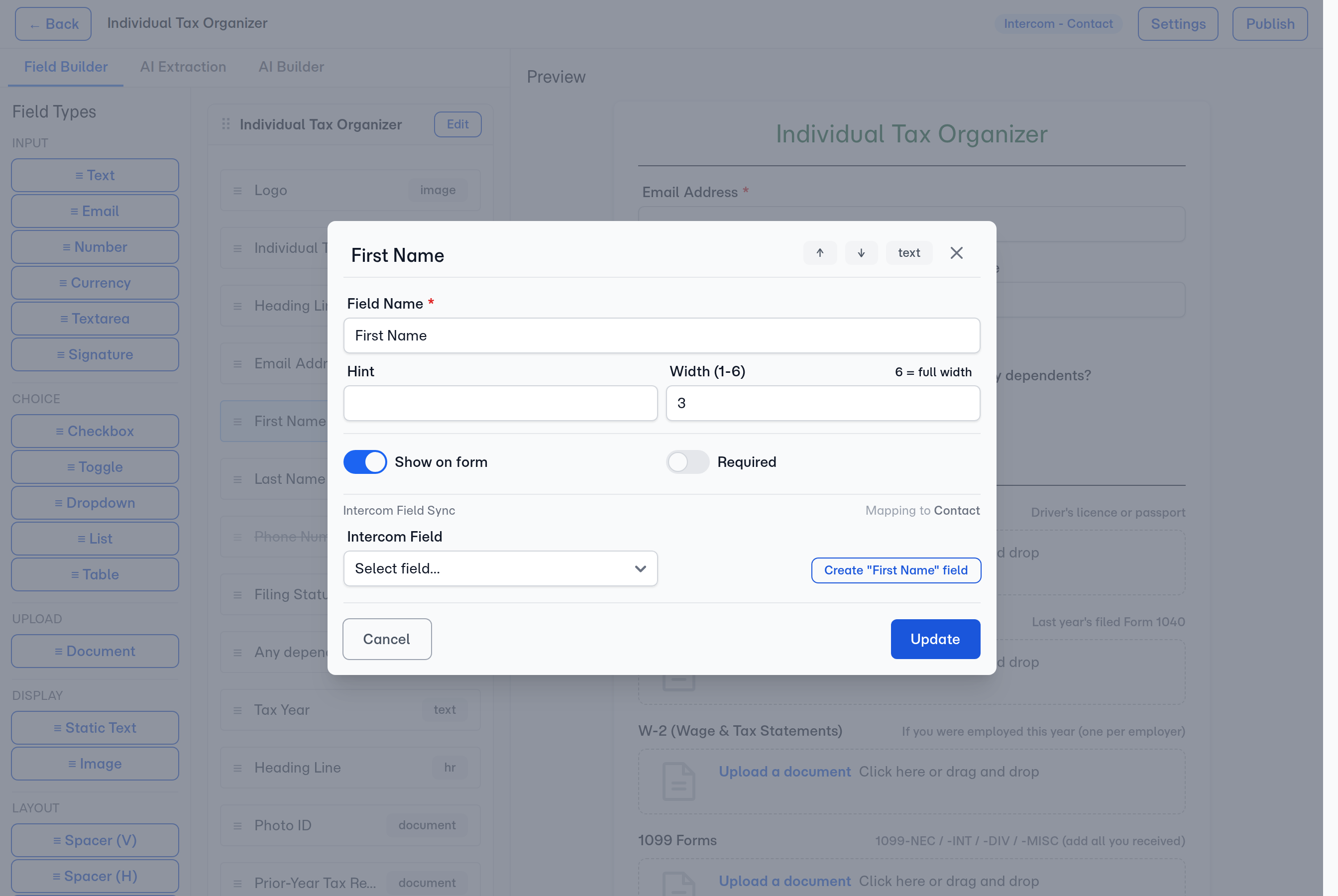 Open a canvas field's sync settings and map it to an Intercom Contact attribute — the collected value writes onto the linked contact.