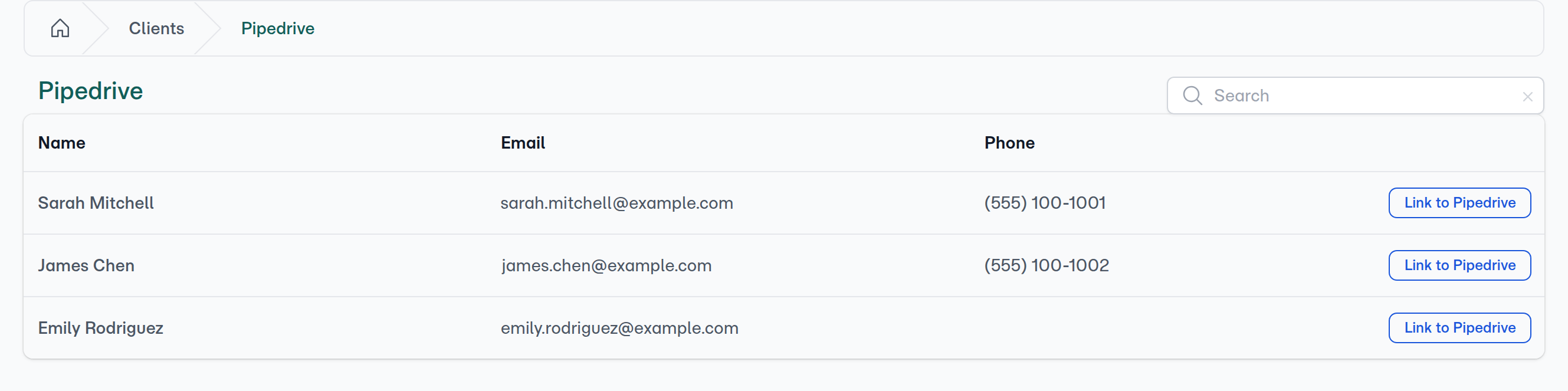 Your Pipedrive contacts, listed on the import page