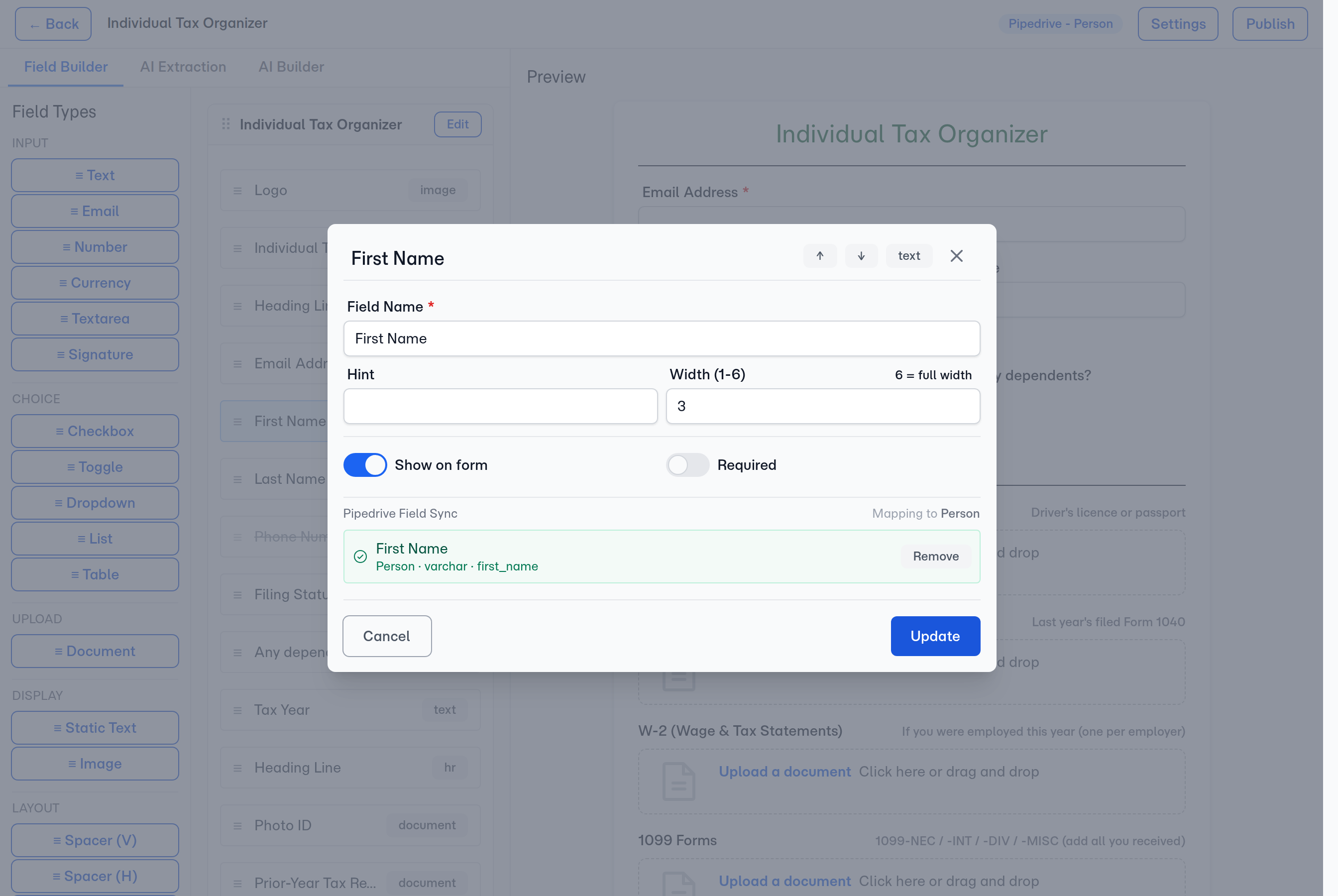 With the template pointed at a Pipedrive Person or Deal, map a canvas field to one of that record's fields — here First Name syncs to the Person's first_name.
