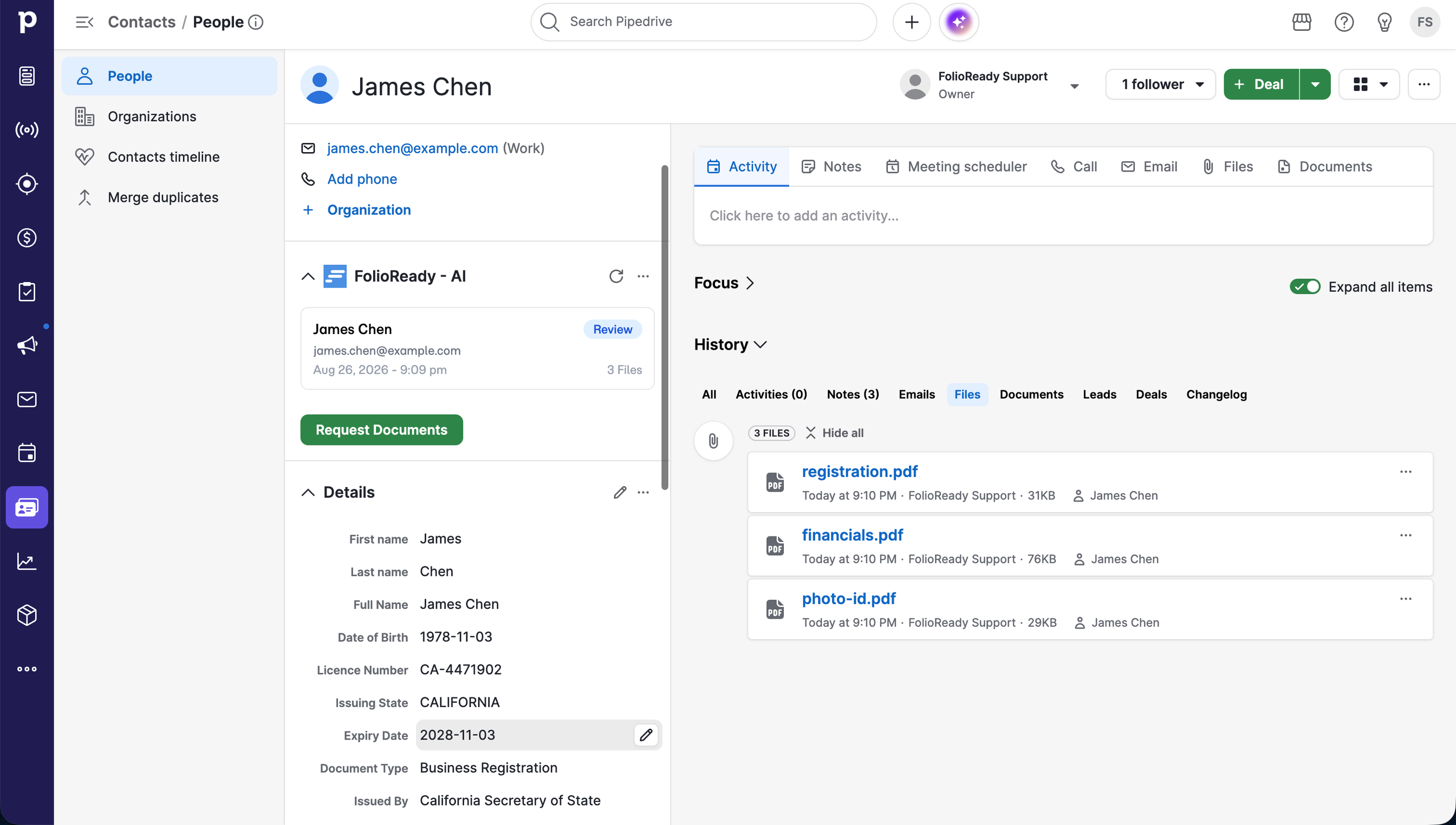 FolioReady sidebar panel on a Pipedrive person detail view