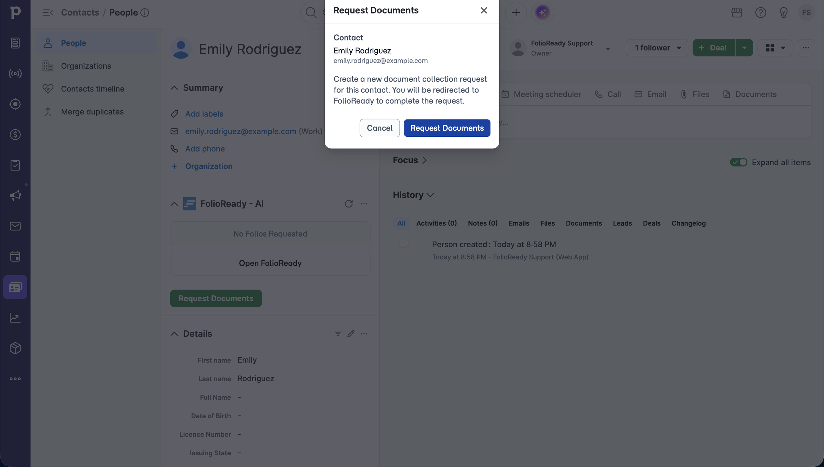 Create a new folio request without leaving Pipedrive