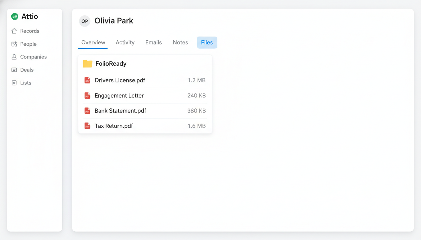 Each linked Person gets a FolioReady folder holding every file from their folios.