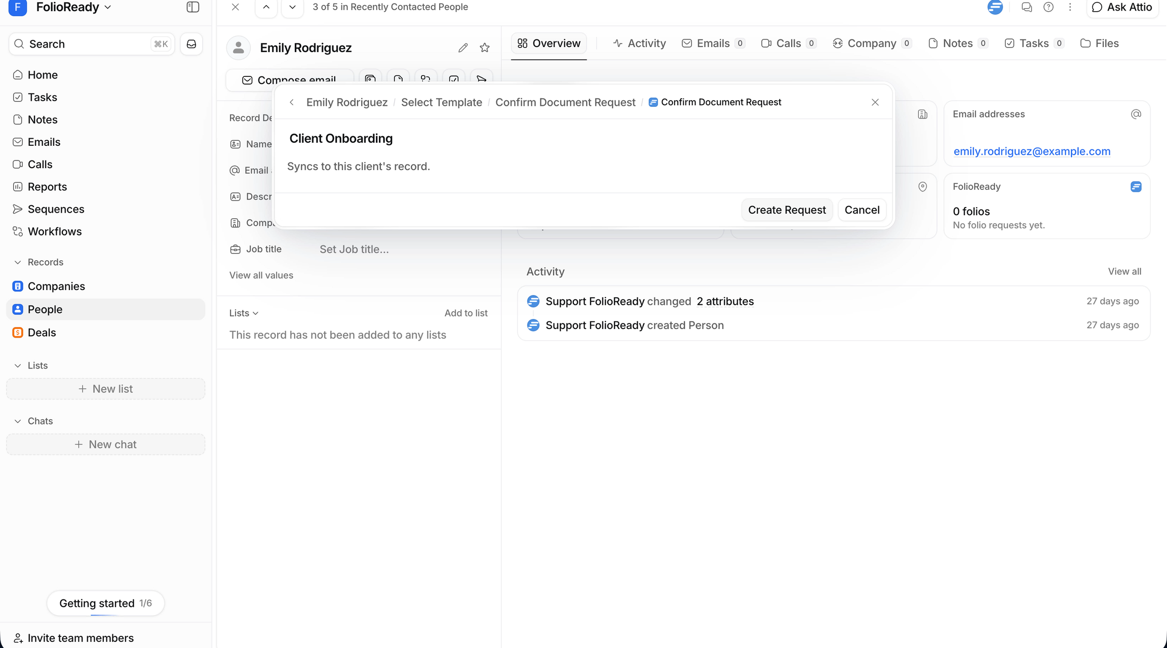 Template, client, and destination — then Create Request.